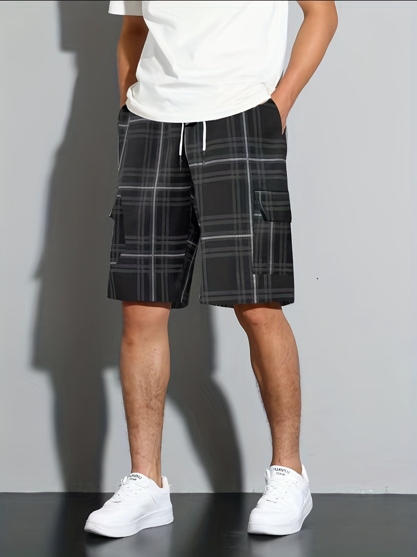 gbolsos Casual Plaid Side Pockets Drawstring Beach Shorts, Men's Cargo Shorts For Summer Outdoor