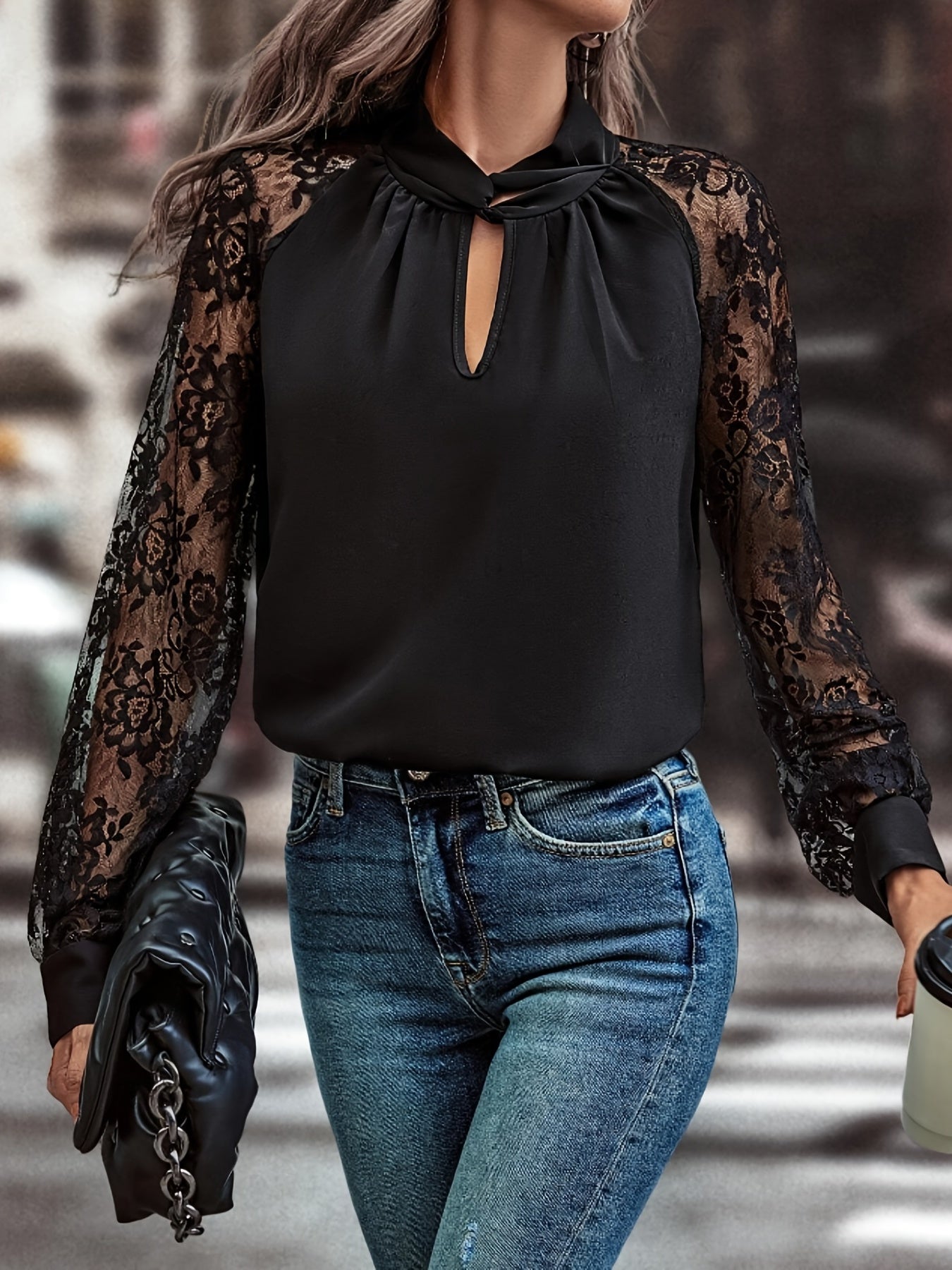 gbolsos Floral Lace Stitching Blouse, Casual Long Sleeve Blouse For Spring & Fall, Women's Clothing