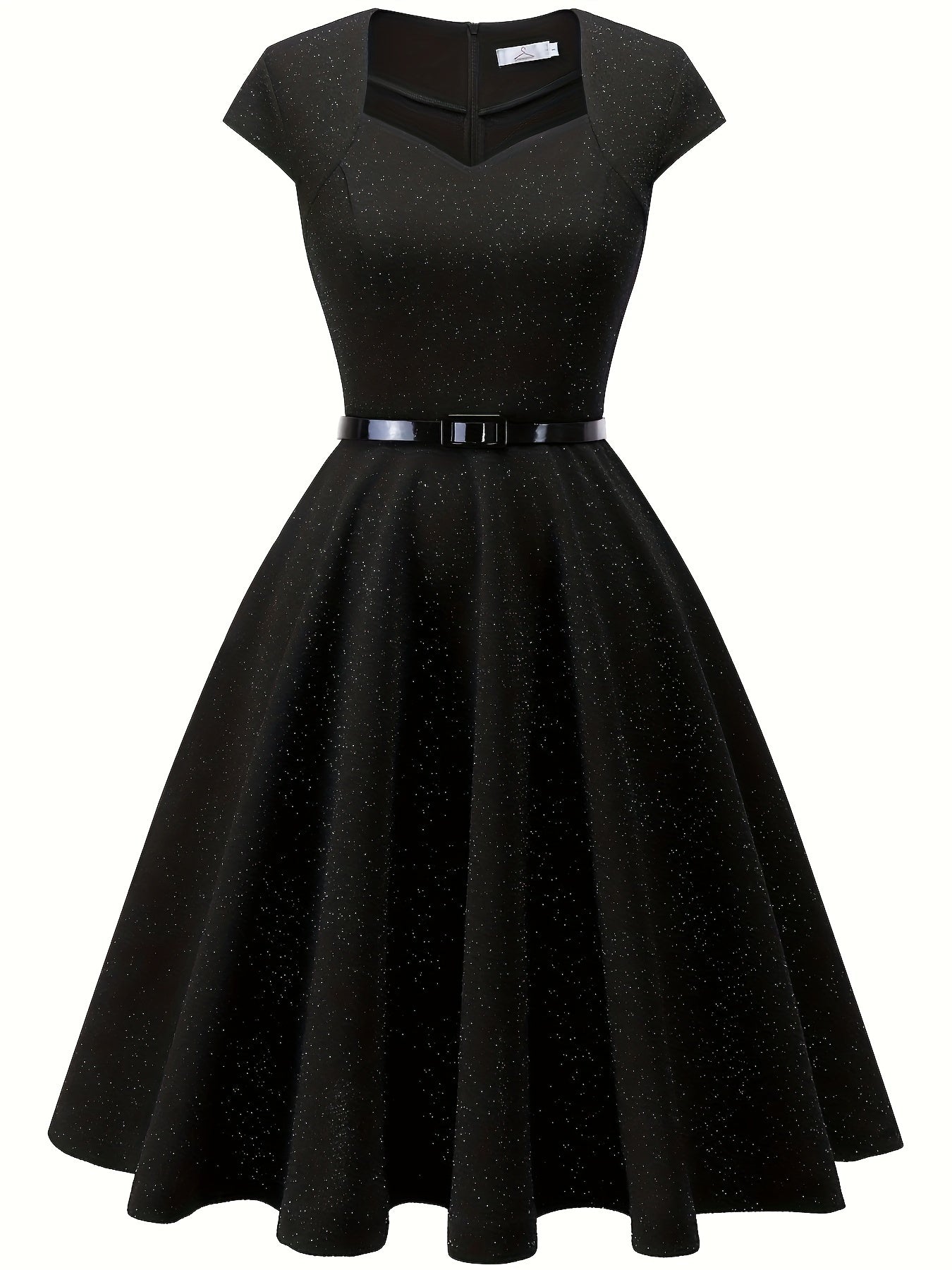 gbolsos Solid Color Cap Sleeve Dress, Vintage V Neck A-line Flare Dress, Women's Clothing