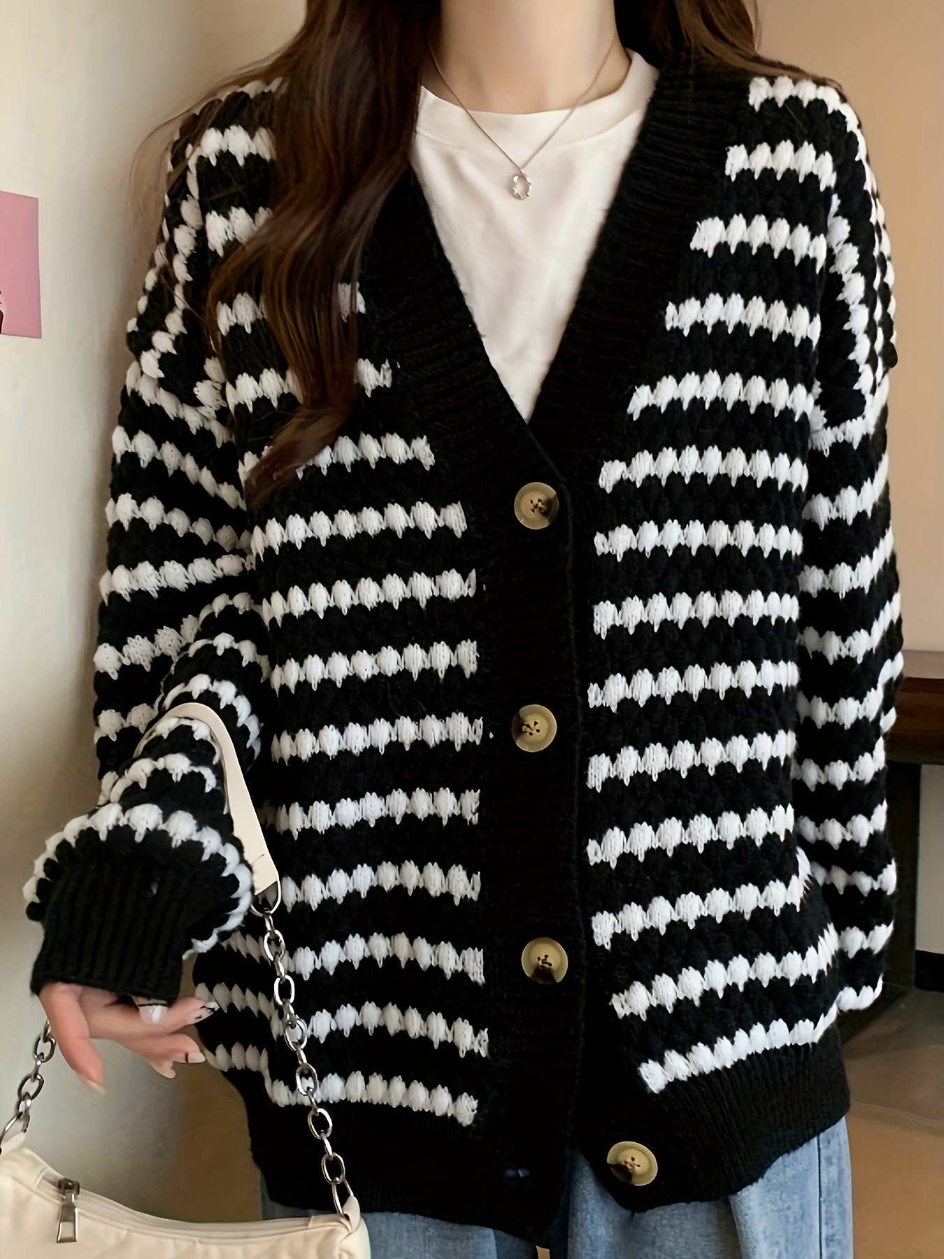 gbolsos Striped Button Down Knit Cardigan, Casual Long Sleeve Drop Shoulder Slouchy Sweater, Women's Clothing