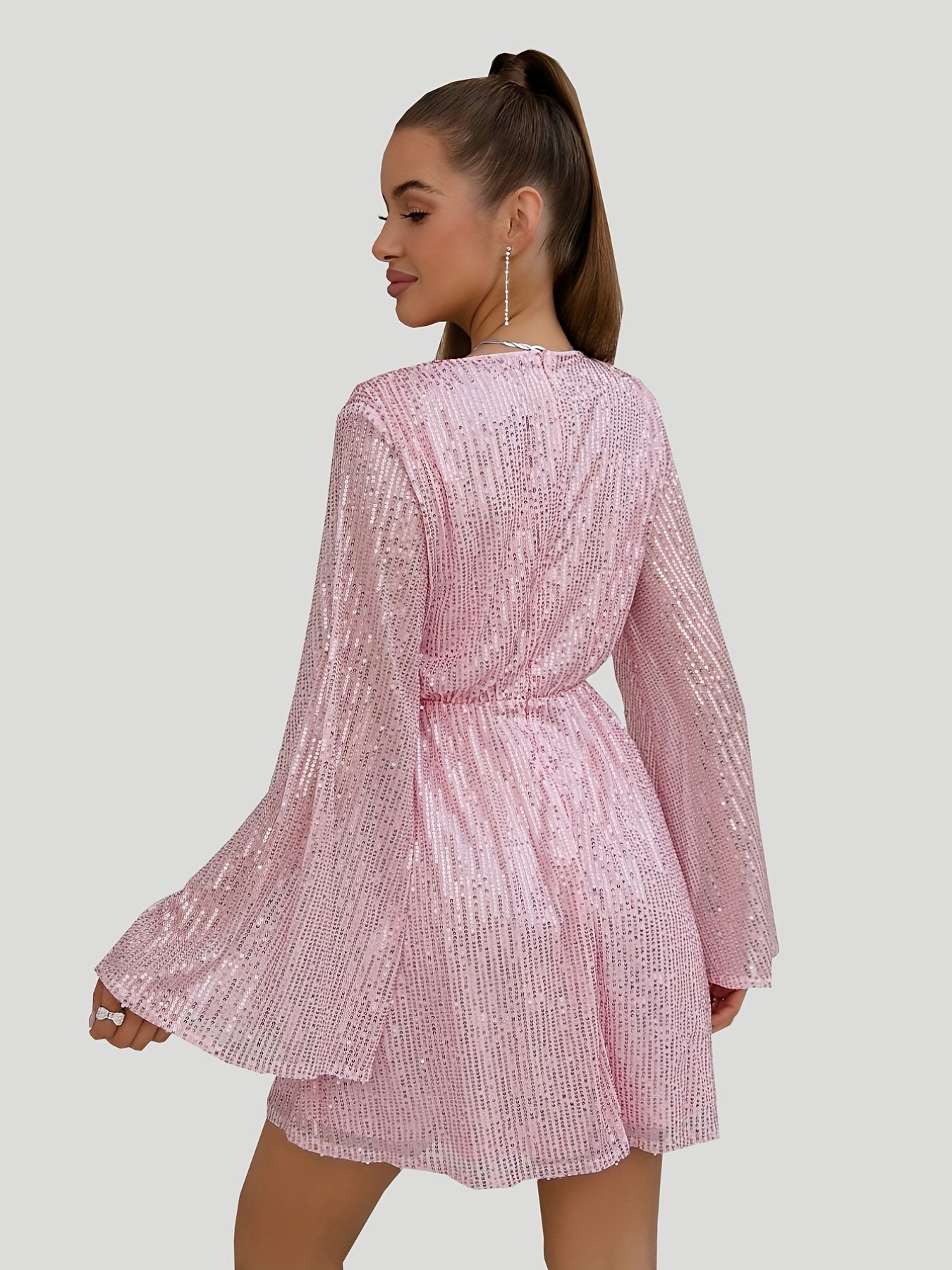 Homecoming Sequined Flare Sleeve V-neck Dress, Elegant Midi Dress For Club & Party, Women's Clothing