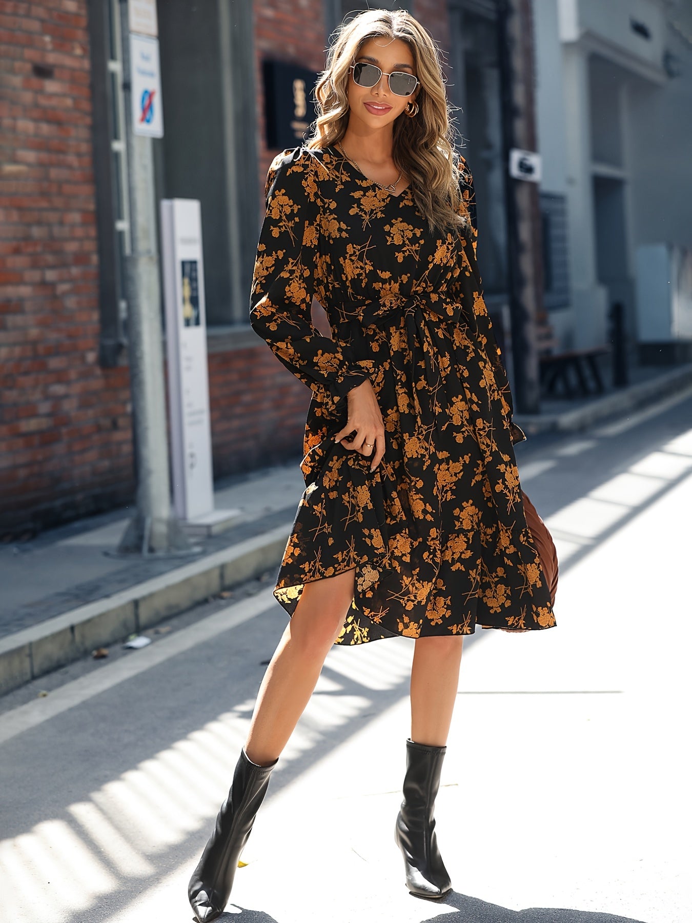 Retro V-neck Ruffle Dress, Print Long Sleeve Waist Loose Summer Dresses, Women's Clothing