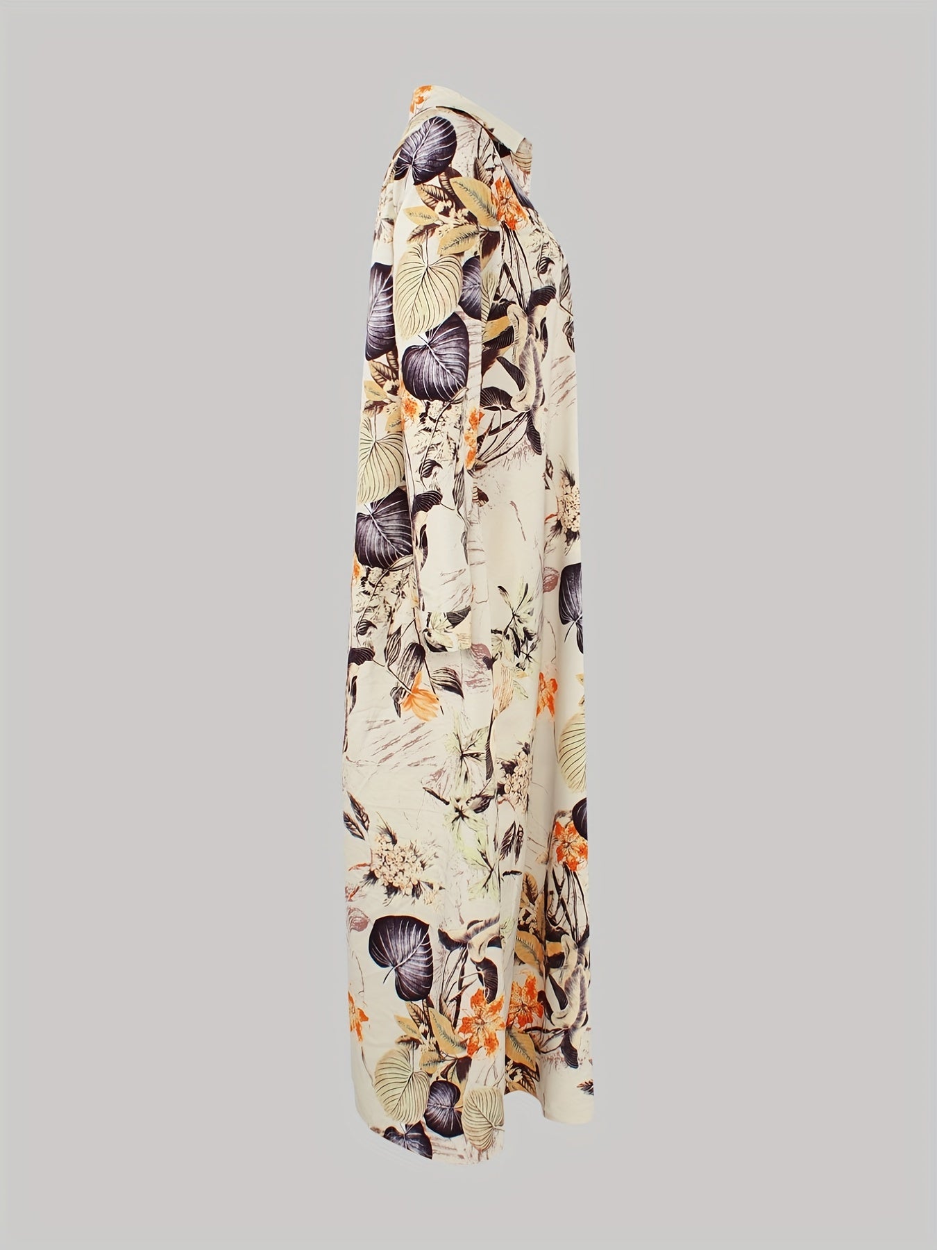 gbolsos Leaves Print Single Button Dress, Versatile Long Sleeve Maxi Dress For Spring & Fall, Women's Clothing
