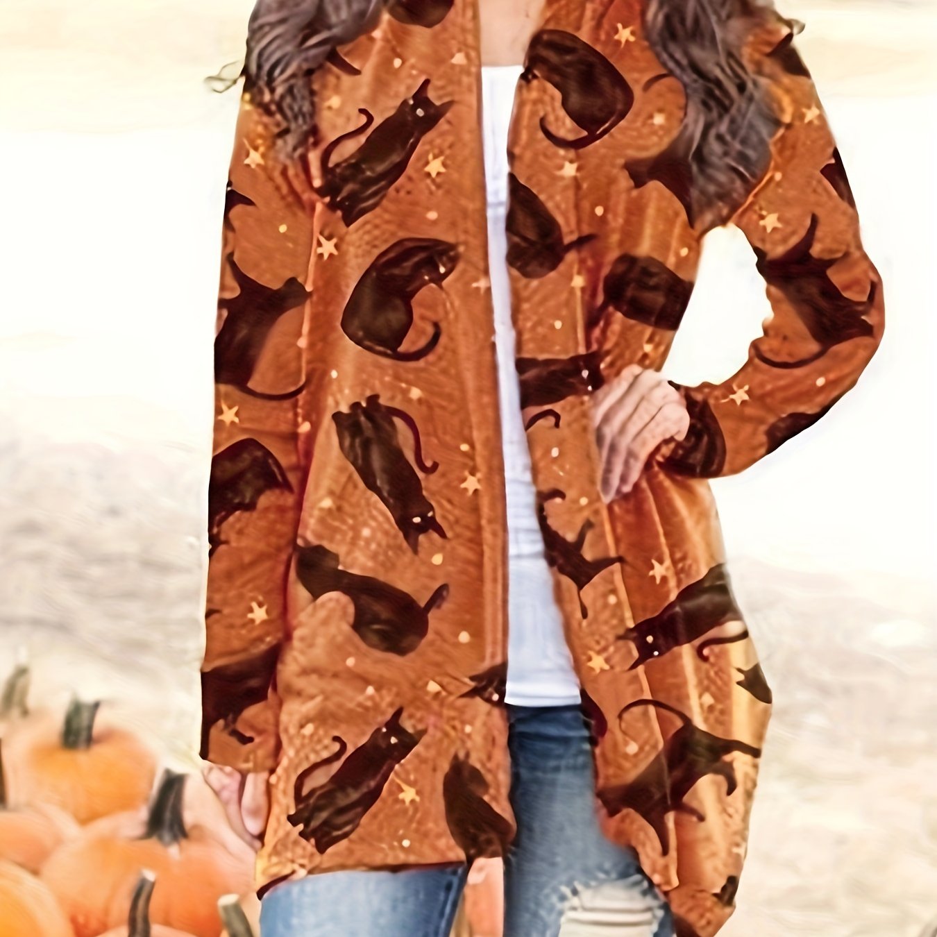 gbolsos Halloween Allover Print Cardigan, Open Front Long Sleeve Cardigan For Spring & Fall, Women's Clothing