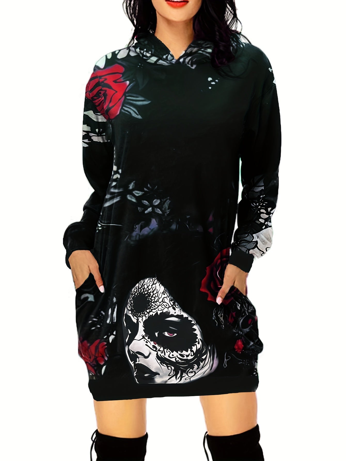 gbolsos Skull & Flower Print Dress, Gothic Hooded Long Sleeve Mini Dress With Pockets, Women's Clothing