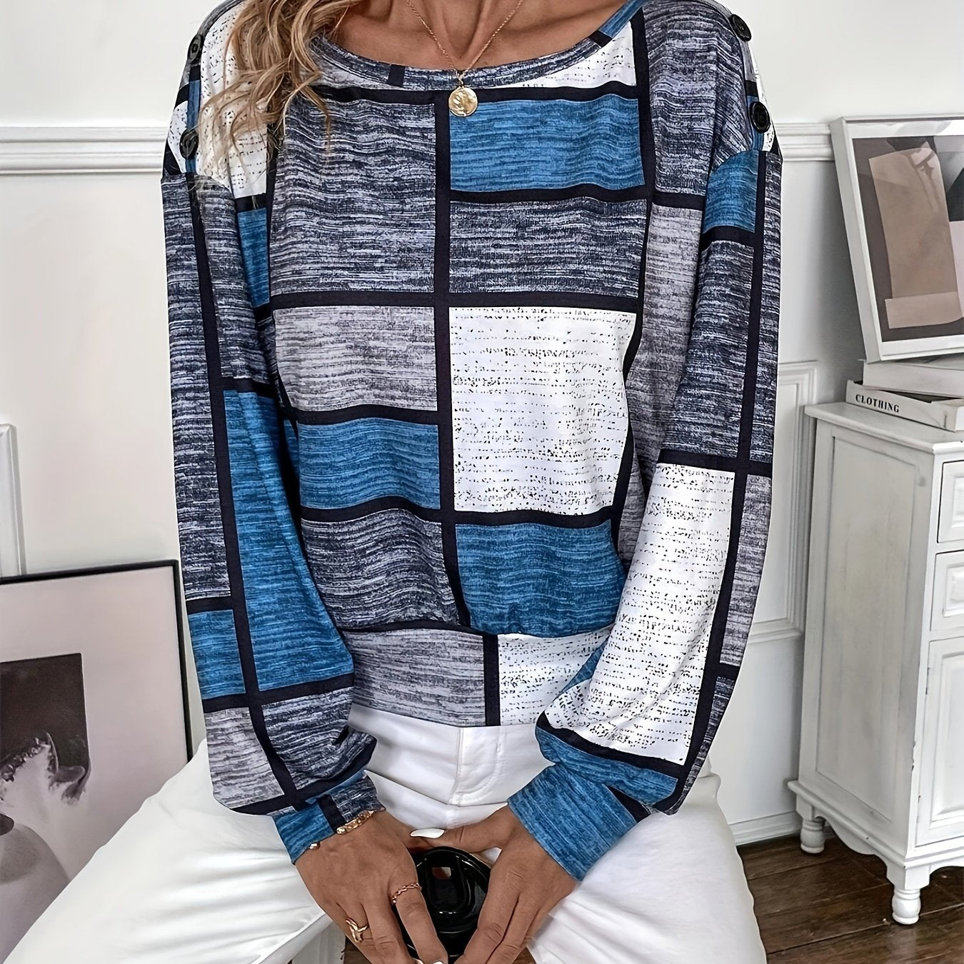 gbolsos Color Block Crew Neck T-Shirt, Casual Long Sleeve Top For Spring & Fall, Women's Clothing