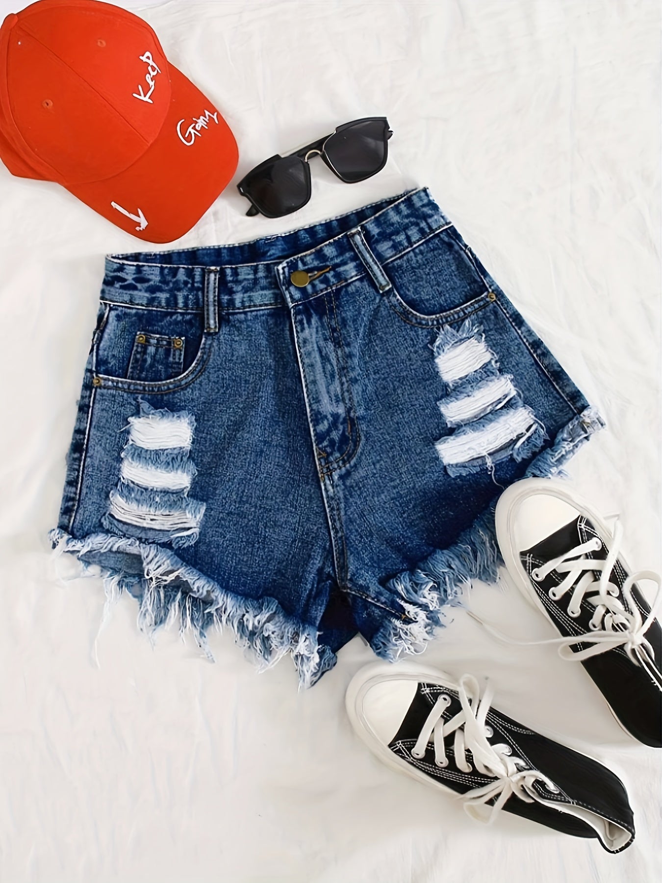 gbolsosRipped Frayed Hem Distressed Shorts, Slash Pockets Zipper Button Closure High Rise Denim Pants, Classic Street Casual Style, Women's Denim Jeans & Clothing