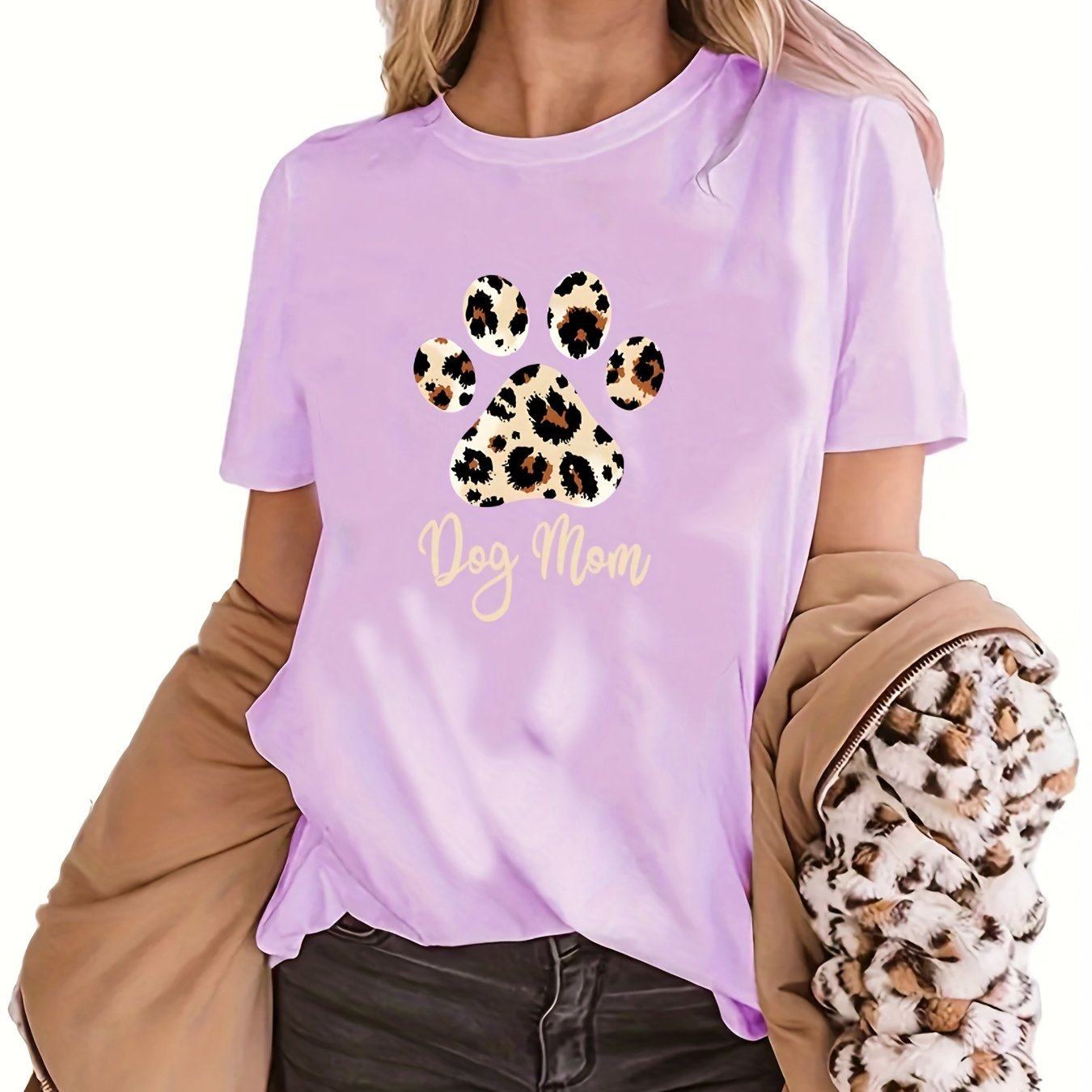 gbolsos Women Funny Leopard Print Dog Mama Graphic Tee, Summer Casual Crew Neck T-shirt, Women's Clothing