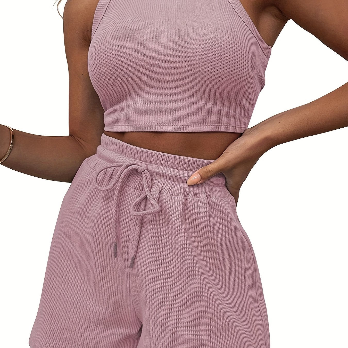 gbolsos 2pcs Waffle Casual Sports Sets, Solid Crew Neck Sports Crop Tank Top & Drawstring Shorts, Women's Athleisure