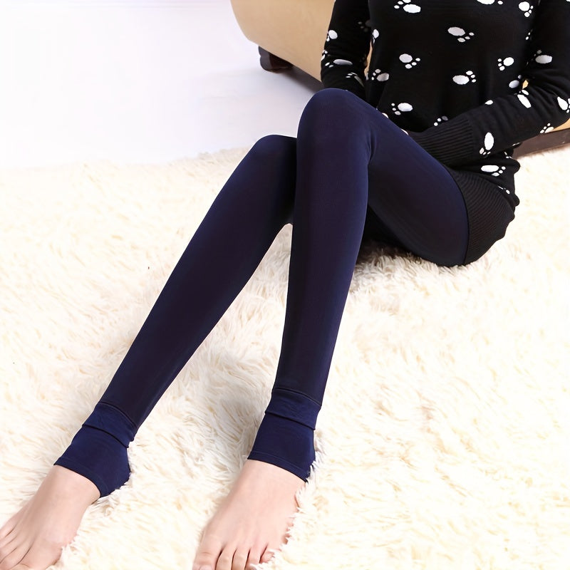 Plush Lined Crop Tights, Comfy Thermal High Waisted Elastic Leggings Pants, Women's Stockings & Hosiery