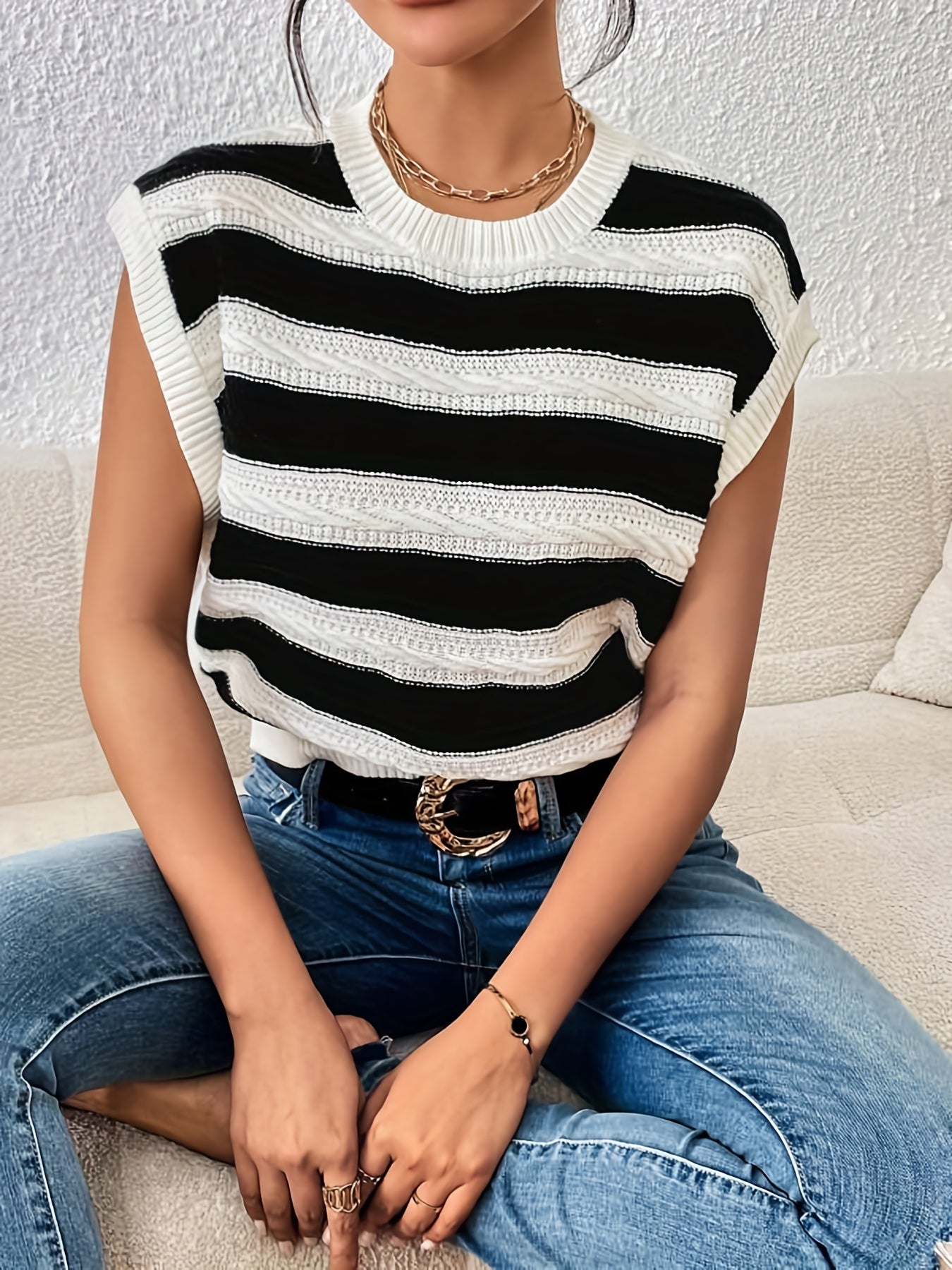gbolsos Striped Crew Neck Sweater Vest, Casual Sleeveless Vest For Spring & Fall, Women's Clothing