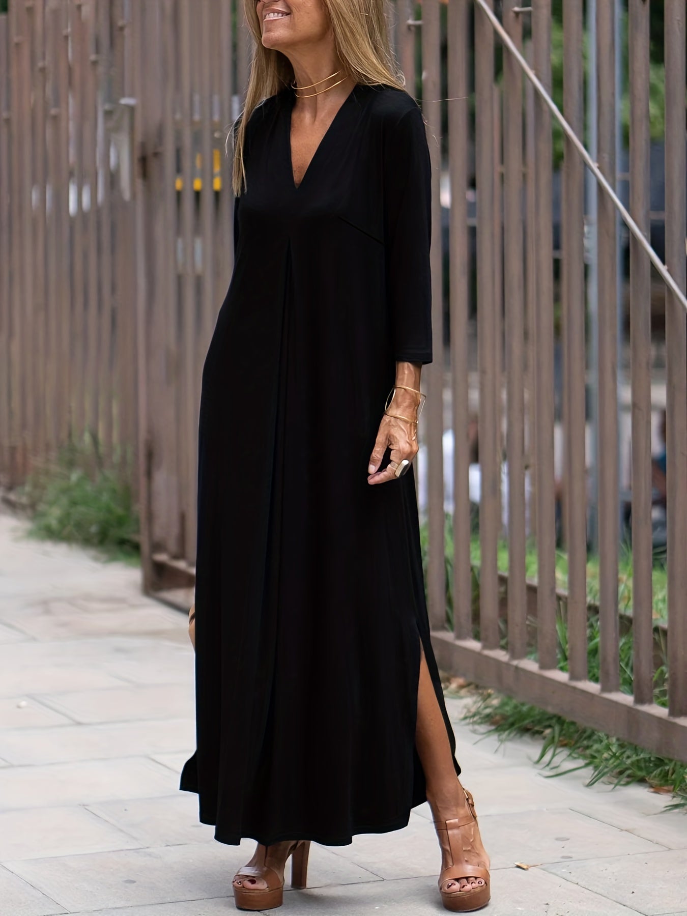 gbolsos Plus Size Casual Dress, Women's Plus Solid Long Sleeve V Neck Split Hem Maxi Dress