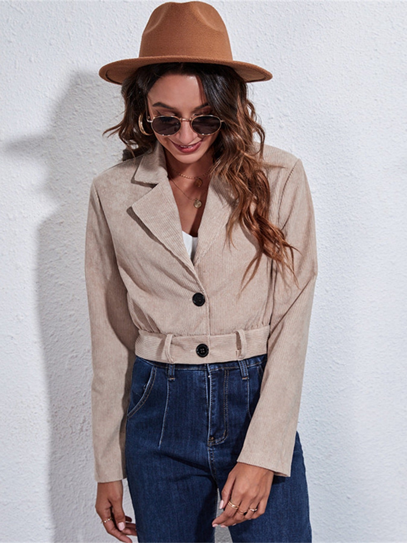 gbolsos Women's Outerwear Solid Belt Casual Corduroy Lapel Neck Long Sleeve Crop Jacket