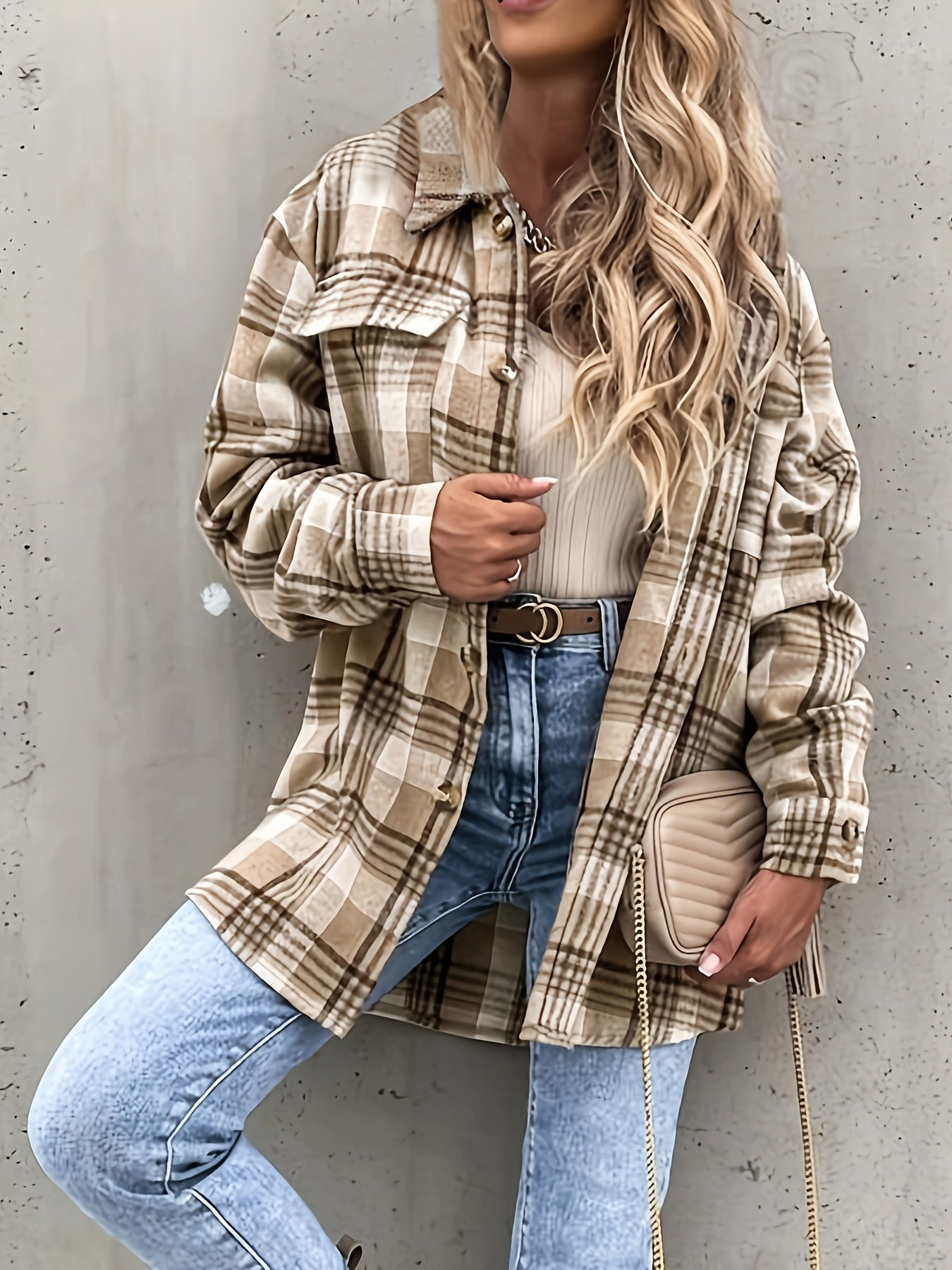gbolsos Preppy Button Plaid Drop Shoulder Jacket, Casual Long Sleeve Jacket For Fall & Winter, Women's Clothing
