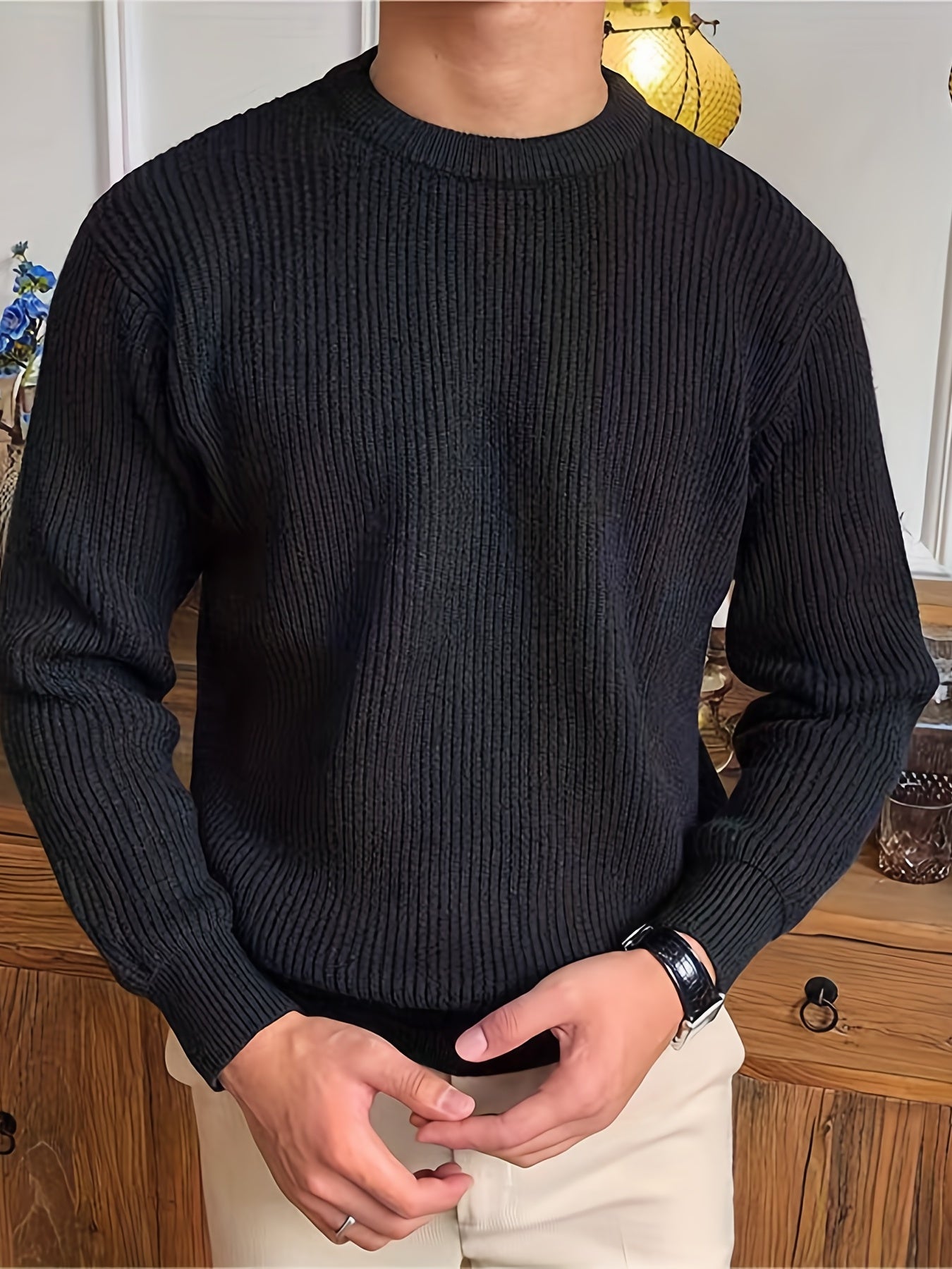 gbolsos Warm Texture Knitted Sweater, Men's Casual Solid Color Slightly Stretch Round Neck Pullover Sweater For Fall Winter