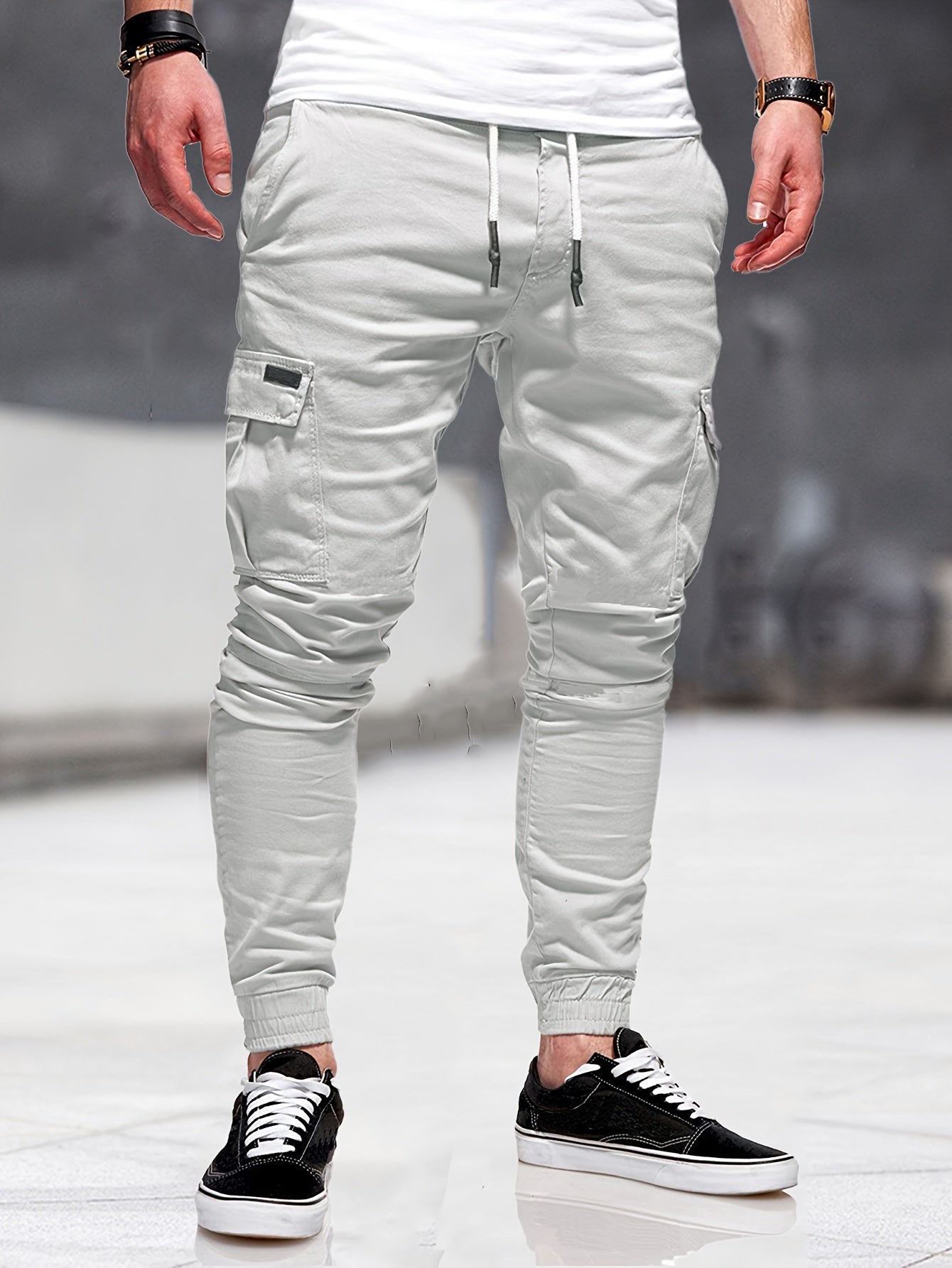 gbolsos Solid Multi Flap Pockets Men's Drawstring Cargo Pants, Slim Fit Elastic Casual Outdoor Pants, Men's Work Pants