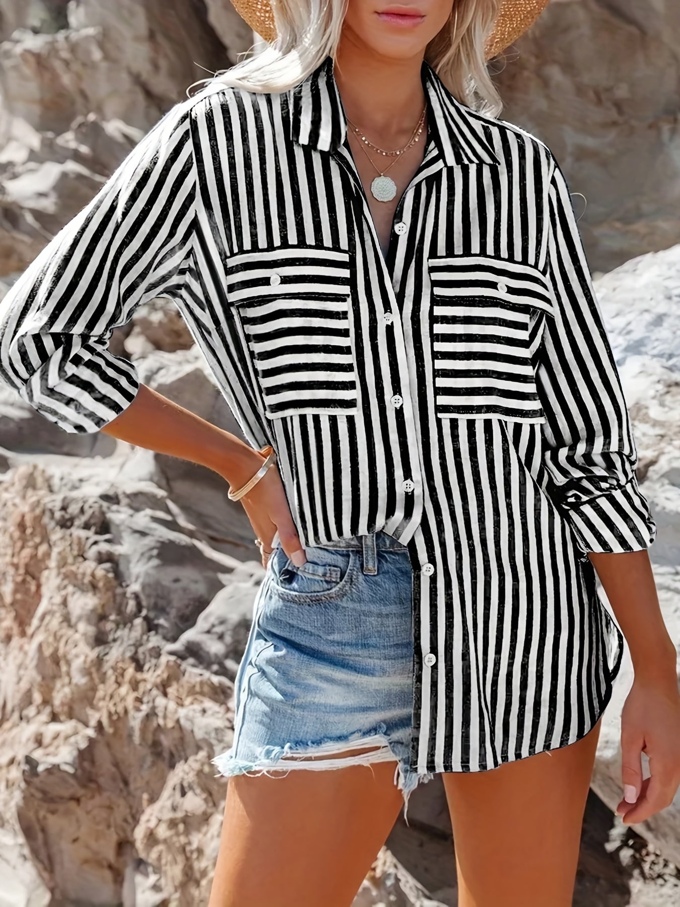 solvbao Plus Size Casual Blouse, Women's Plus Stripe Print Long Sleeve Button Up Blouse With Flap Pockets