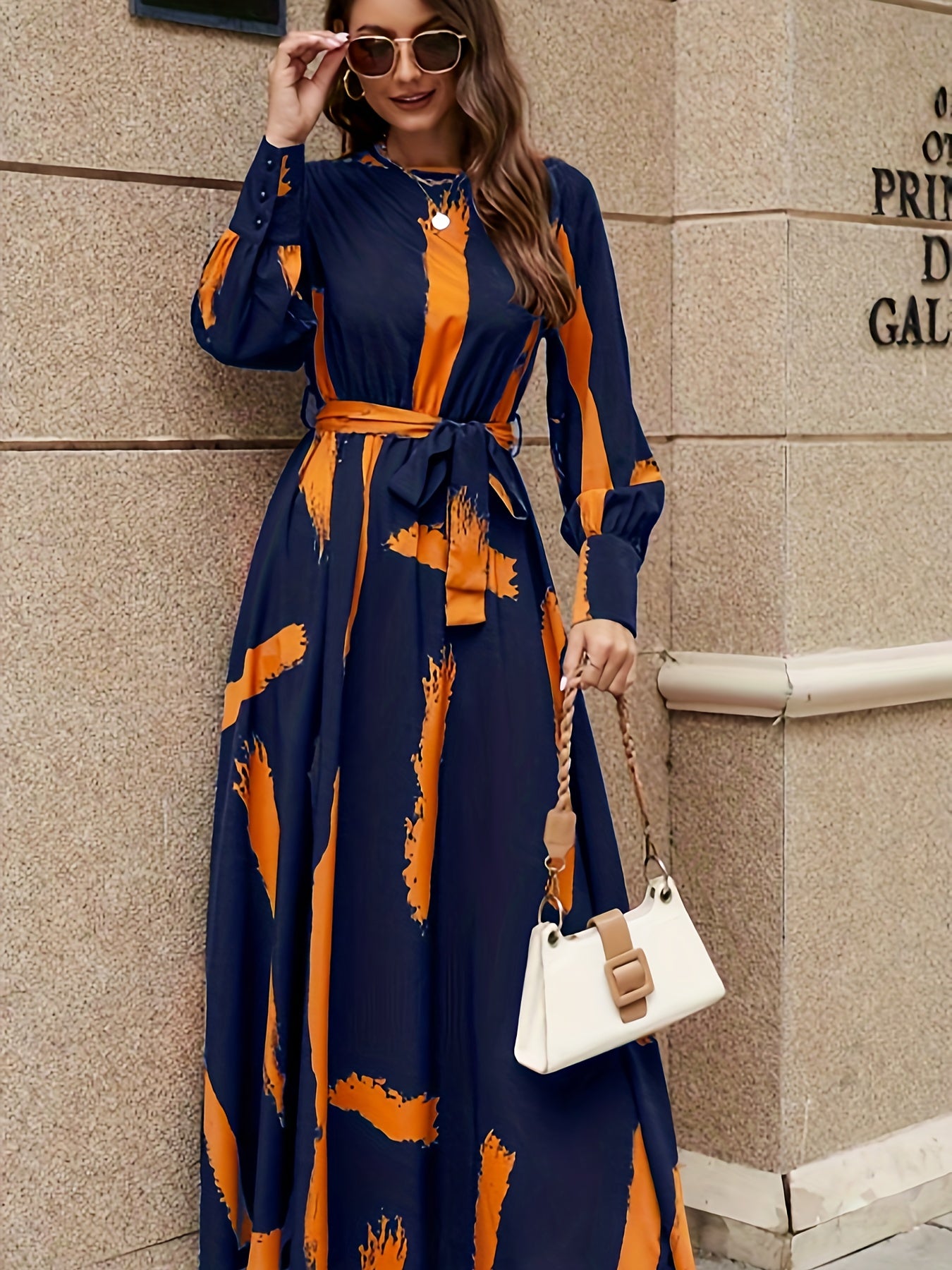 gbolsos Brush Print Keyhole Dress, Elegant Long Sleeve Maxi Dress, Women's Clothing