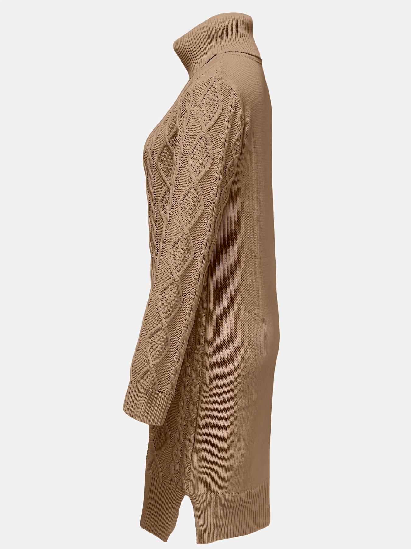 Solid Turtleneck Split Knitted Dress, Elegant Long Sleeve Dress For Fall & Winter, Women's Clothing