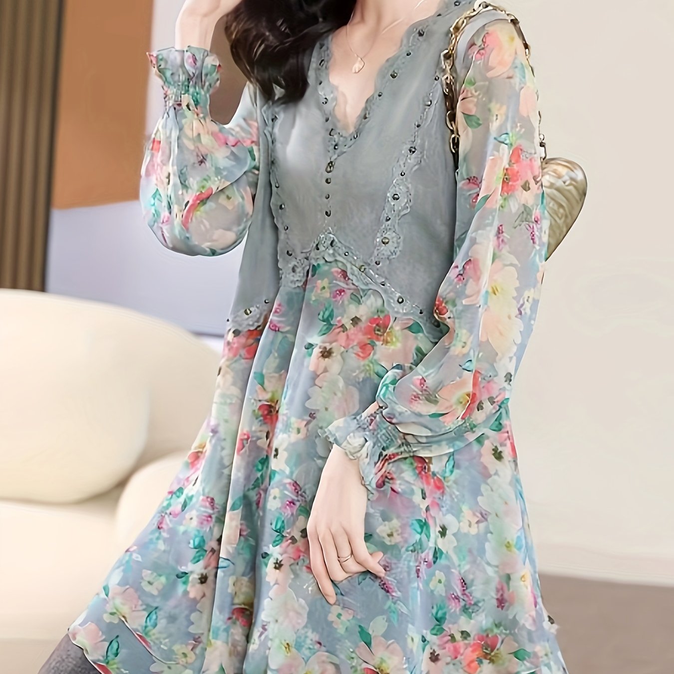 gbolsos Floral Print Splicing V-neck Tunics, Elegant Long Sleeve Color Block Top For Spring & Fall, Women's Clothing
