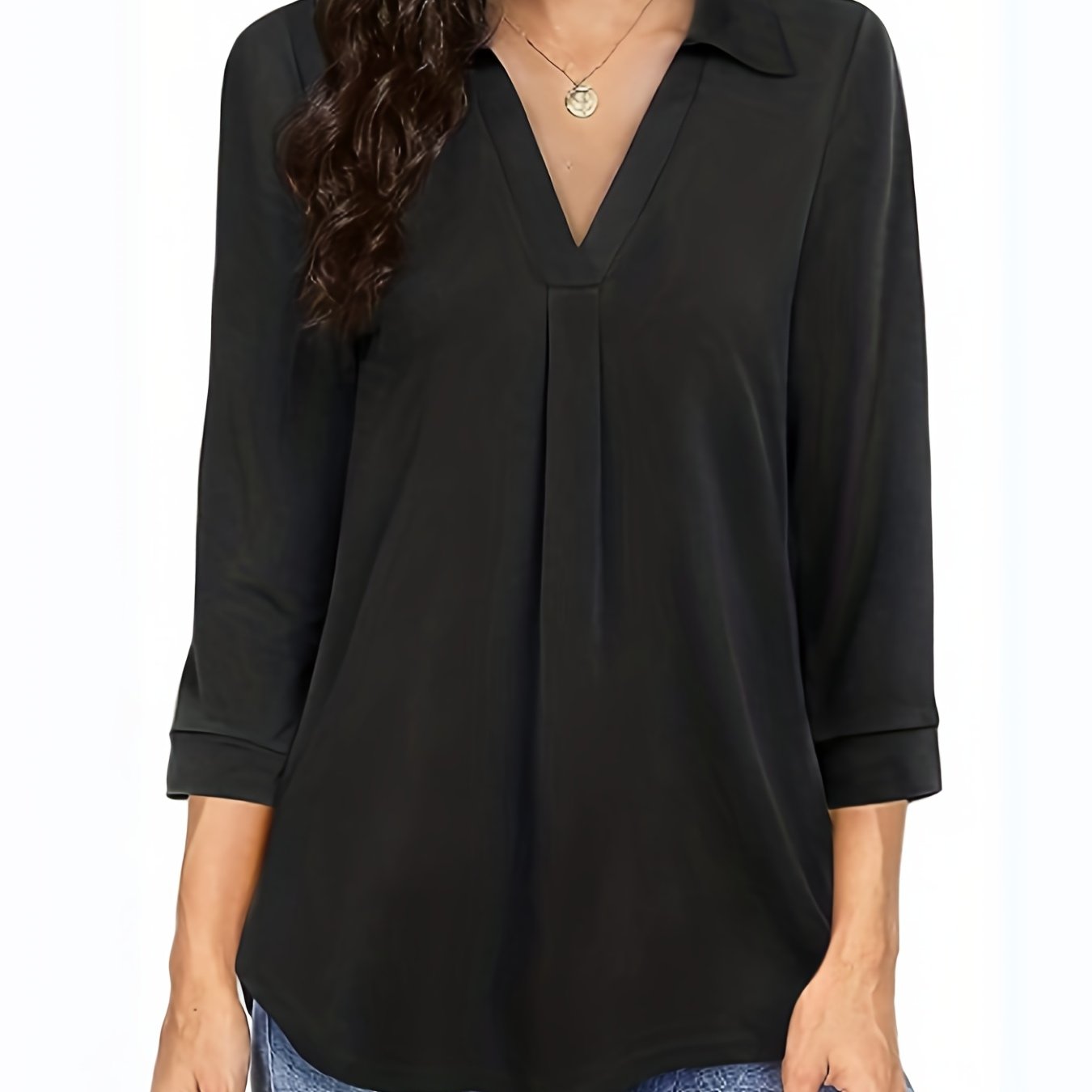 gbolsos Plus Size Casual Blouse, Women's Plus Solid Half Sleeve Turn Down Collar Tunic Top