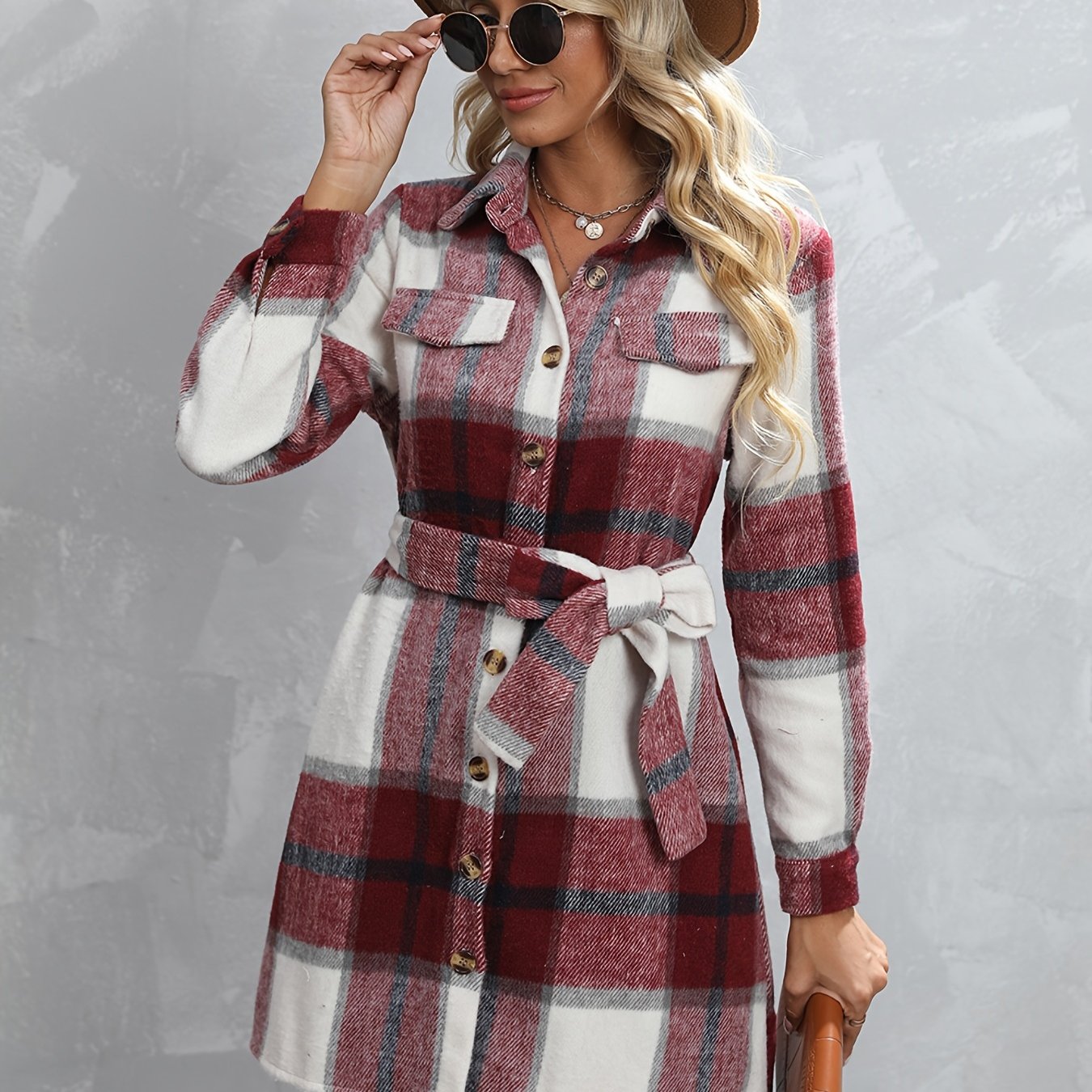 gbolsos Button Plaid Tie Waist Jacket, Casual Long Sleeve Jacket For Fall & Winter, Women's Clothing