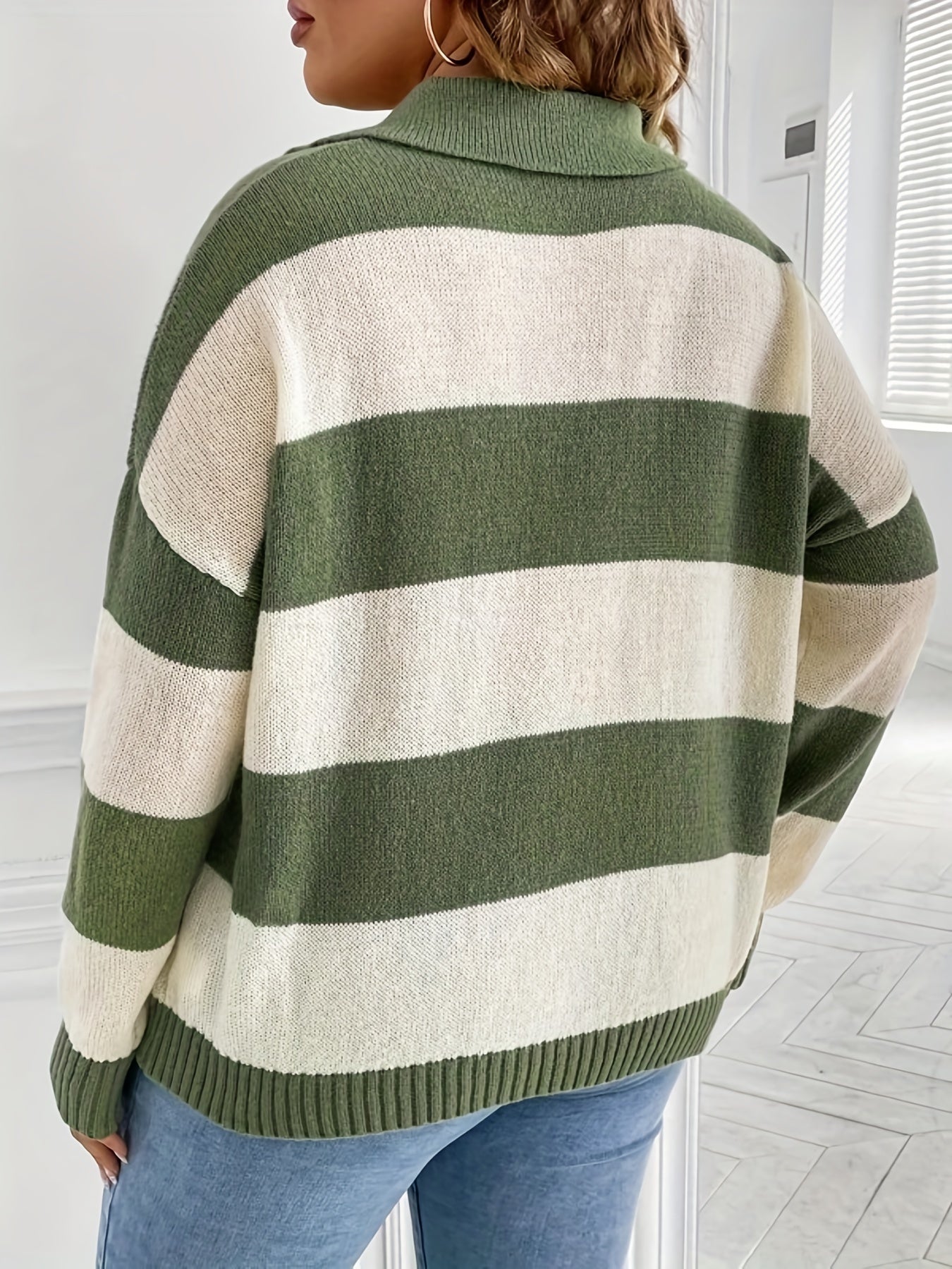 gbolsos Plus Size Casual Sweater, Women's Plus Colorblock Stripe Print Drop Shoulder Long Sleeve V Neck Lapel Collar Slight Stretch Pullover Sweater