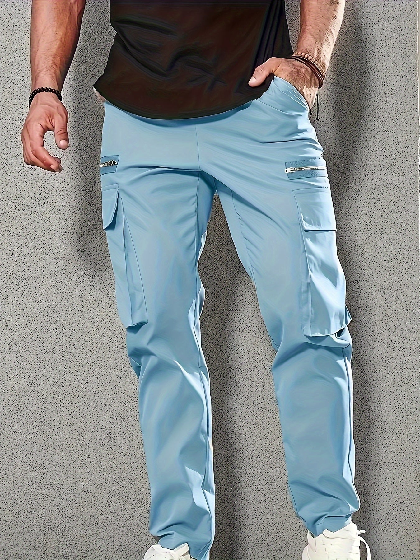 gbolsos Men's Trendy Solid Tactical Pants, Casual Multi Pockets Trousers For Outdoor