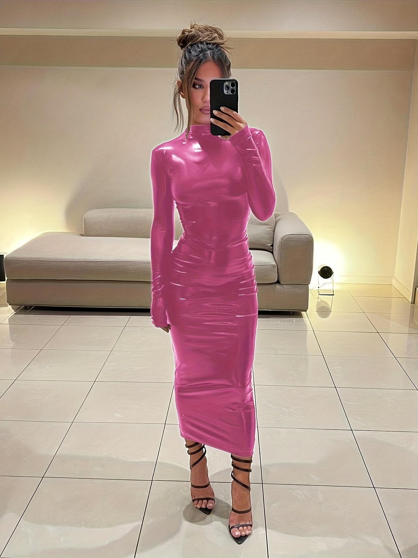 gbolsos Solid Long Sleeve Bodycon Dress, Party Club Dress For Spring & Fall, Women's Clothing