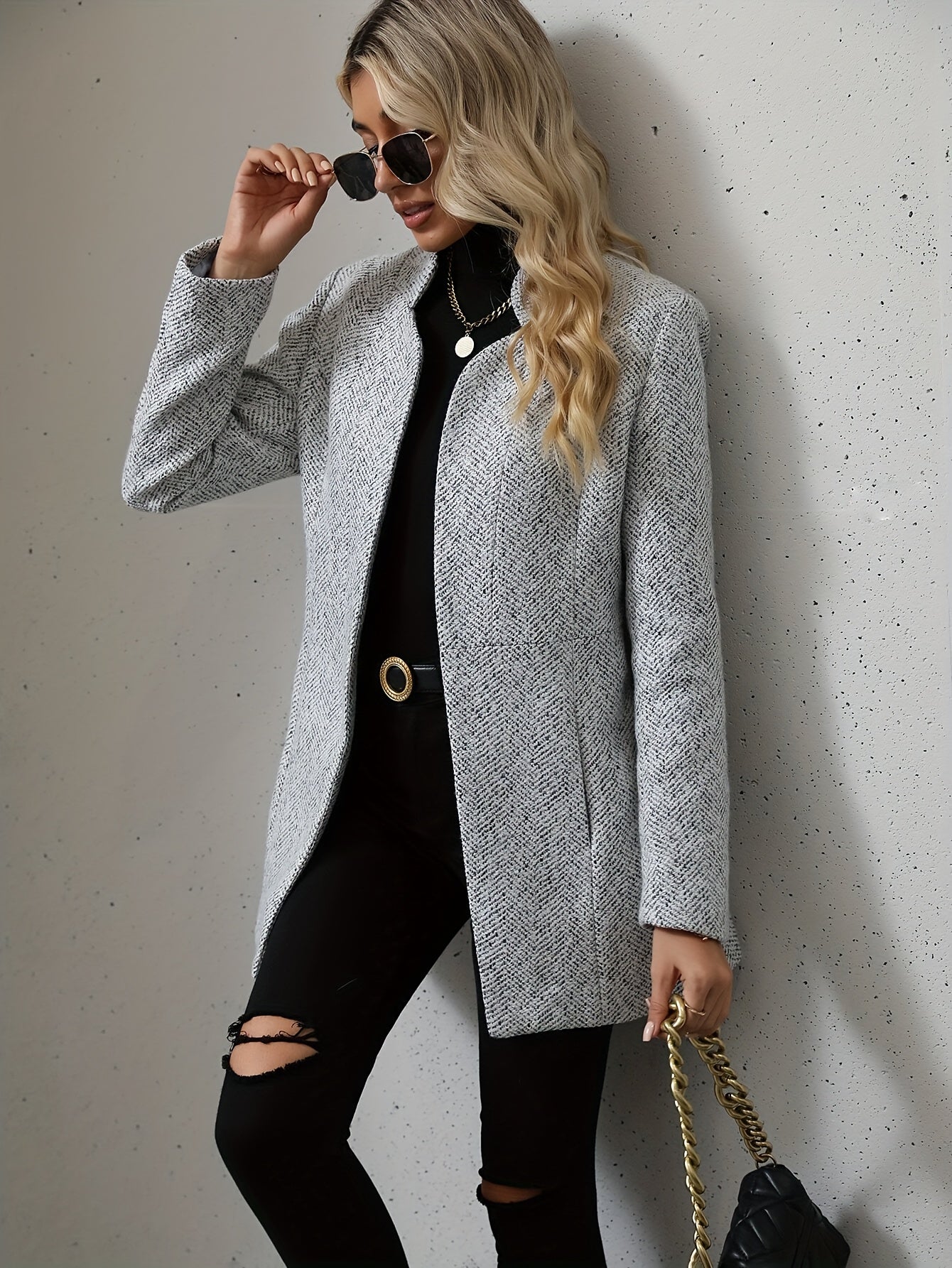 gbolsos Open Front Textured Blazer, Elegant Long Sleeve Blazer For Office & Work, Women's Clothing