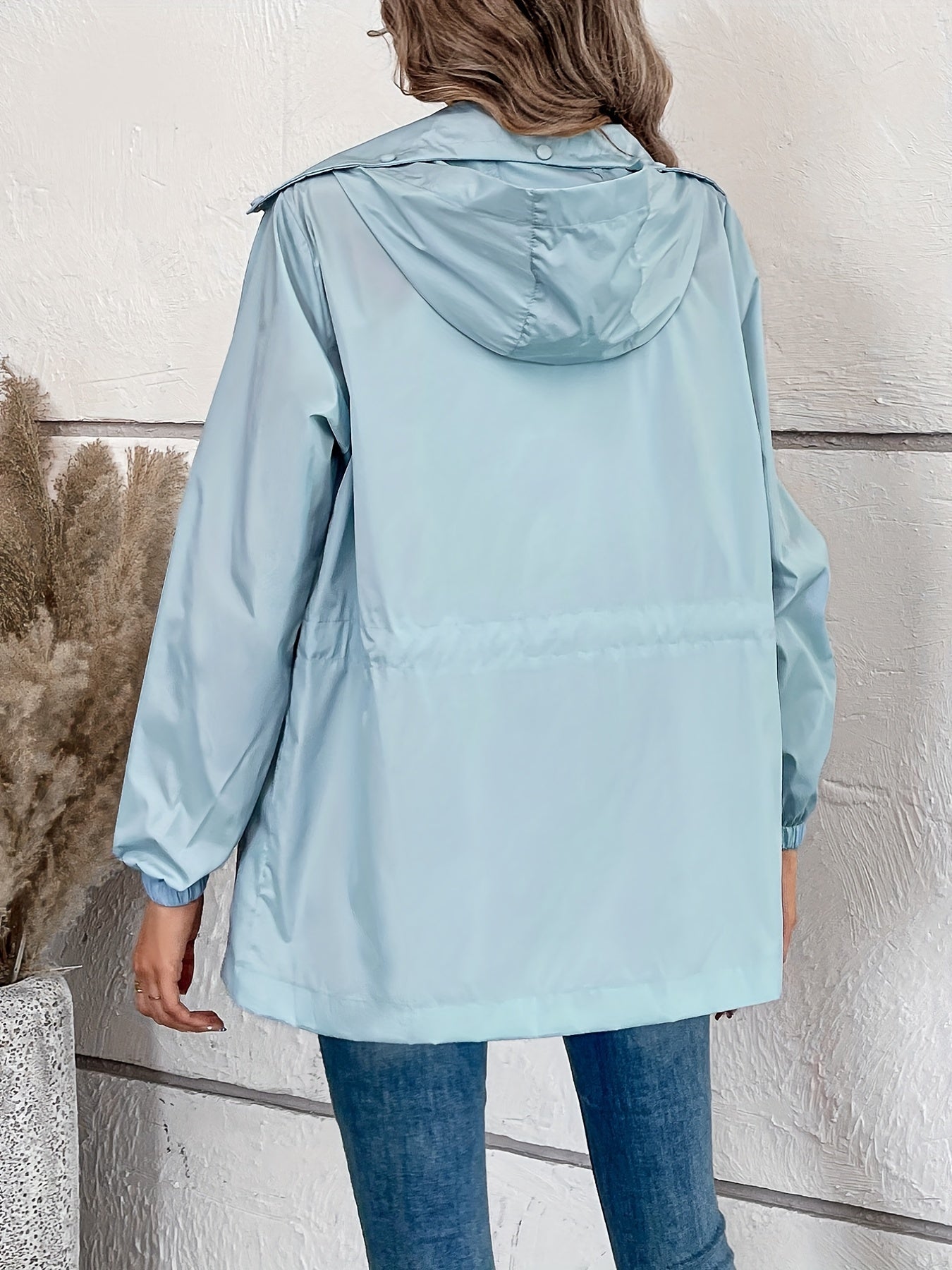 gbolsos Solid Hooded Rain Jacket, Casual Zip Up Long Sleeve Outerwear, Women's Clothing
