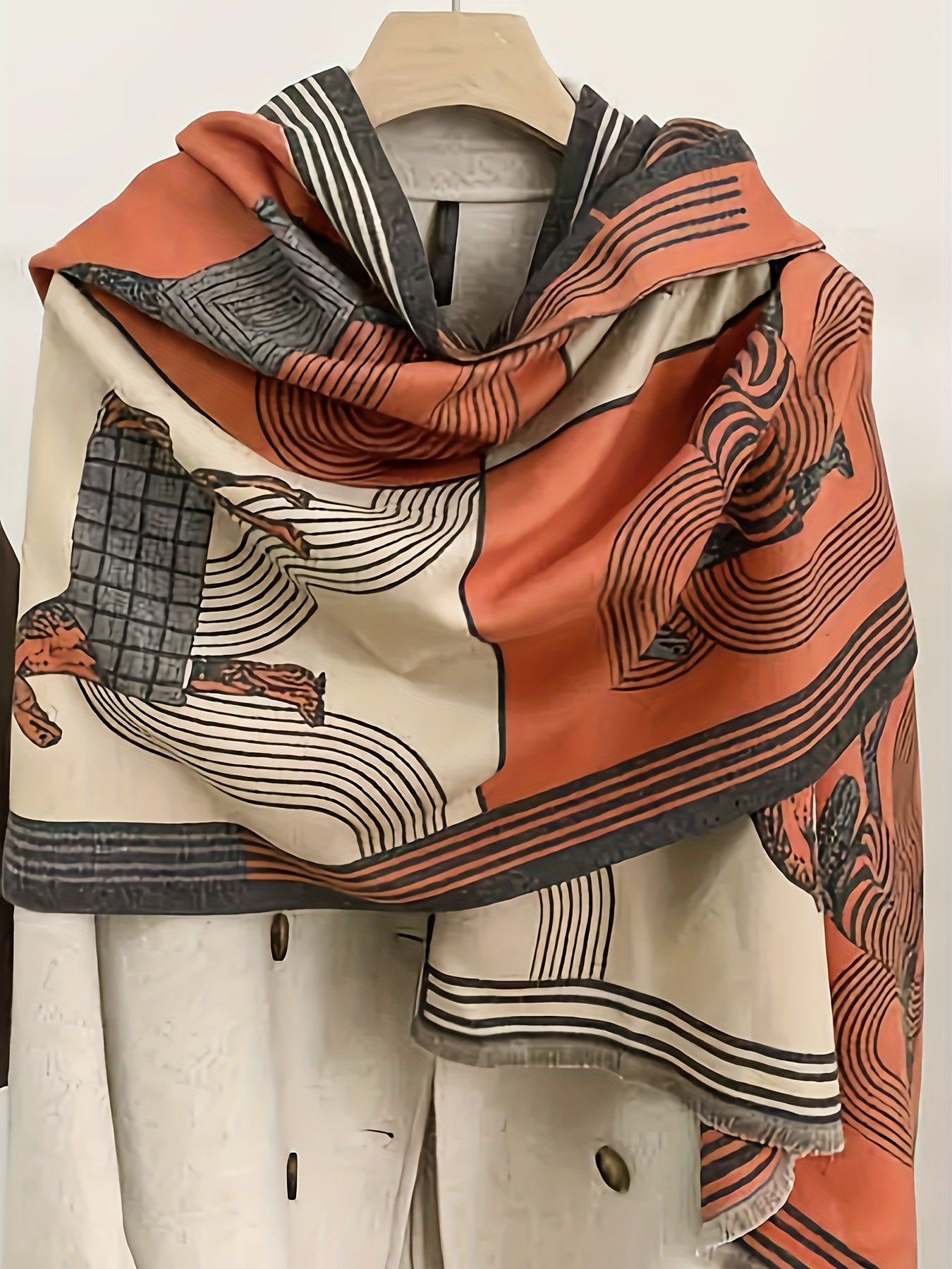 Plus Size Casual Winter Coat, Women's Plus Horse & Geometric Print Long Sleeve Open Front Shawl Cape Coat