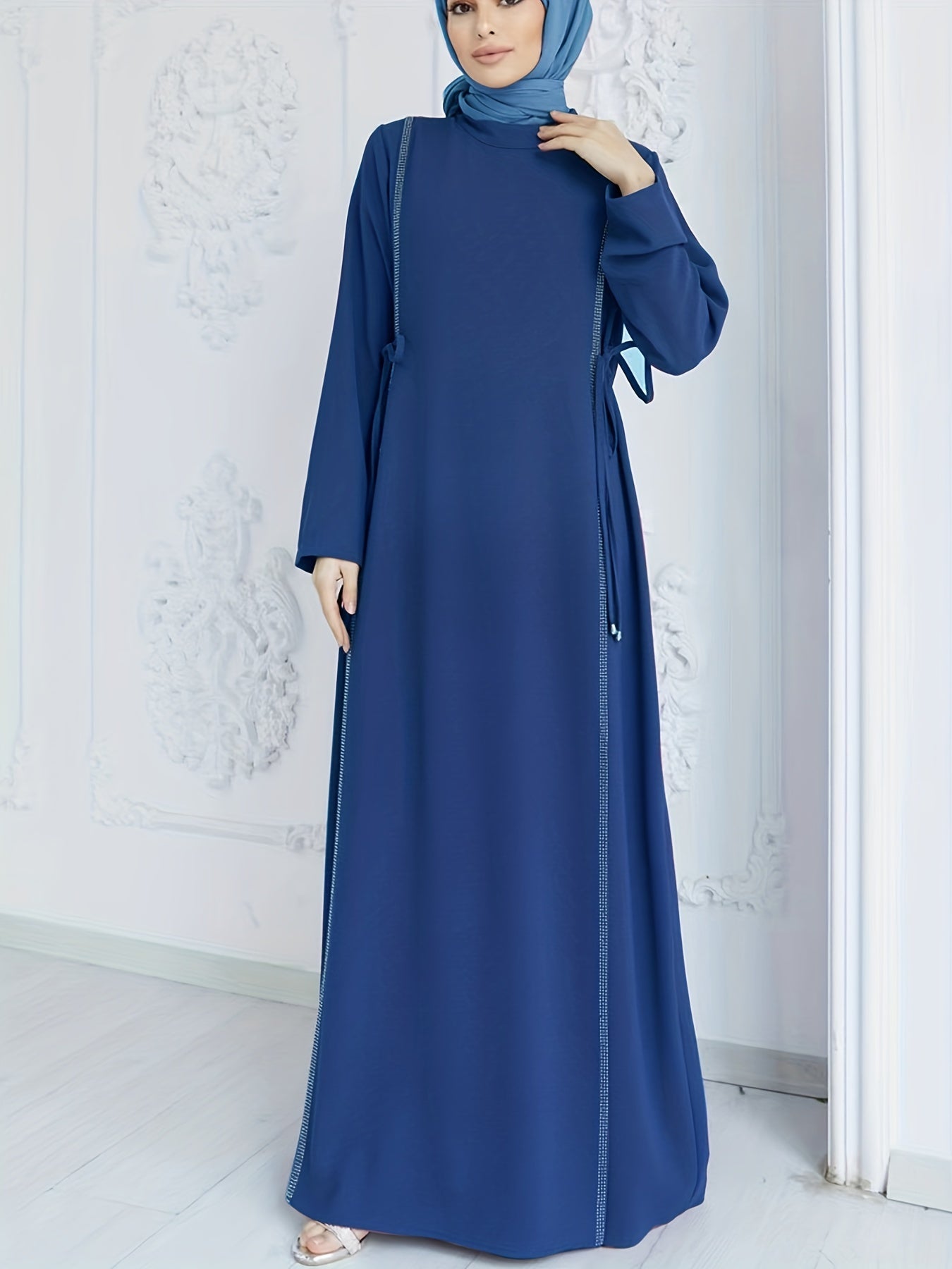 Rhinestone Kaftan Dress, Casual Long Sleeve High Collar Solid Dress, Women's Clothing
