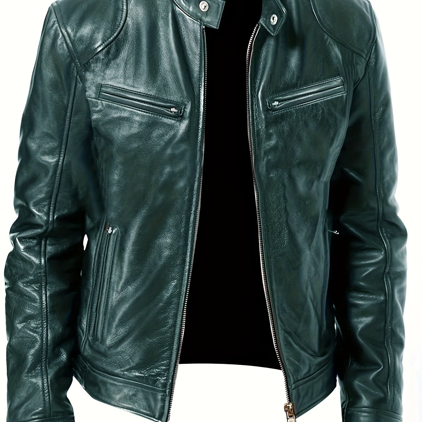 gbolsos Zipper Pockets PU Jacket, Men's Casual Solid Color Zip Up Stand Collar Faux Leather Jacket For Spring Fall