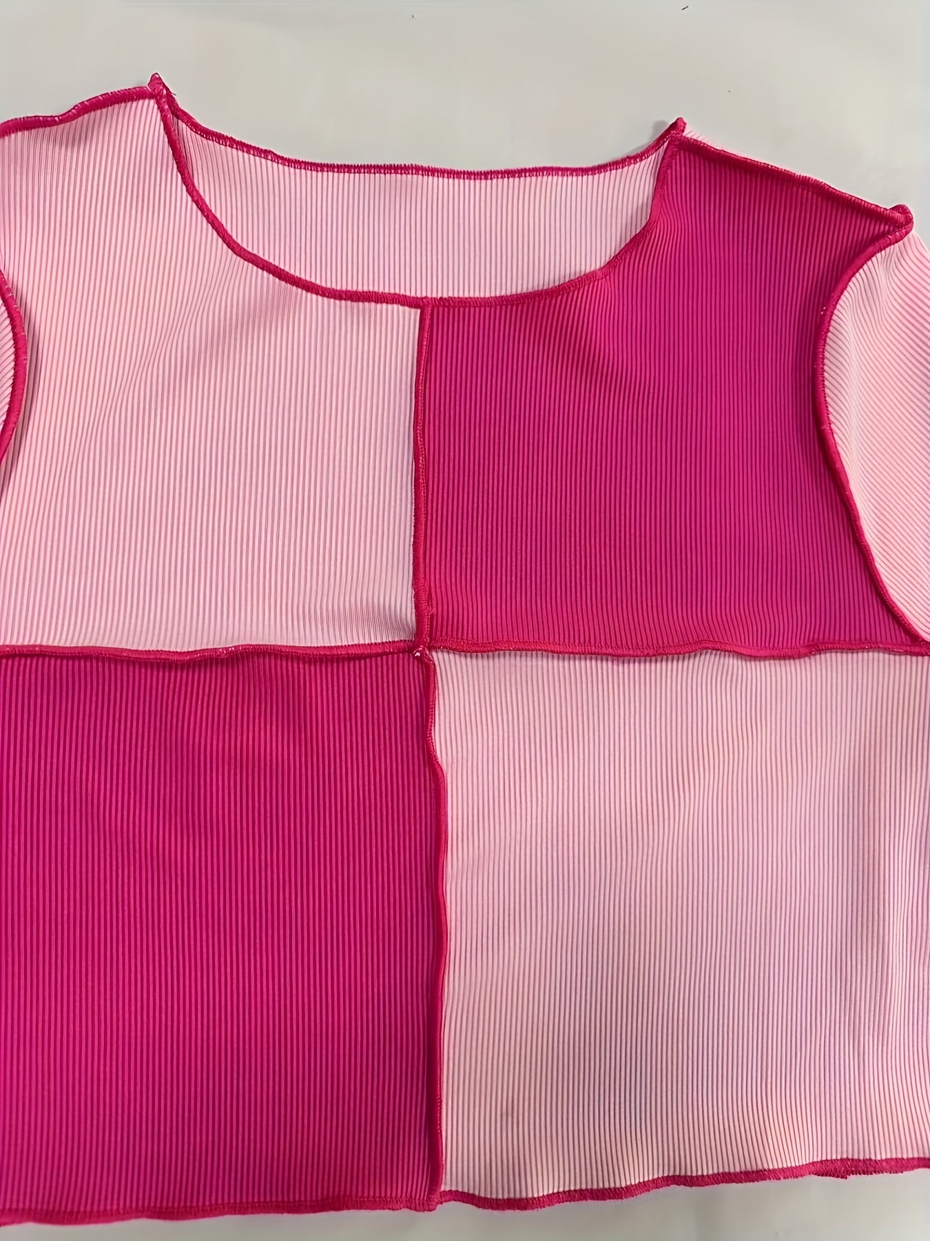 gbolsos Colorblock Crew Neck Crop T-Shirt, Casual Long Sleeve Top For Spring & Fall, Women's Clothing