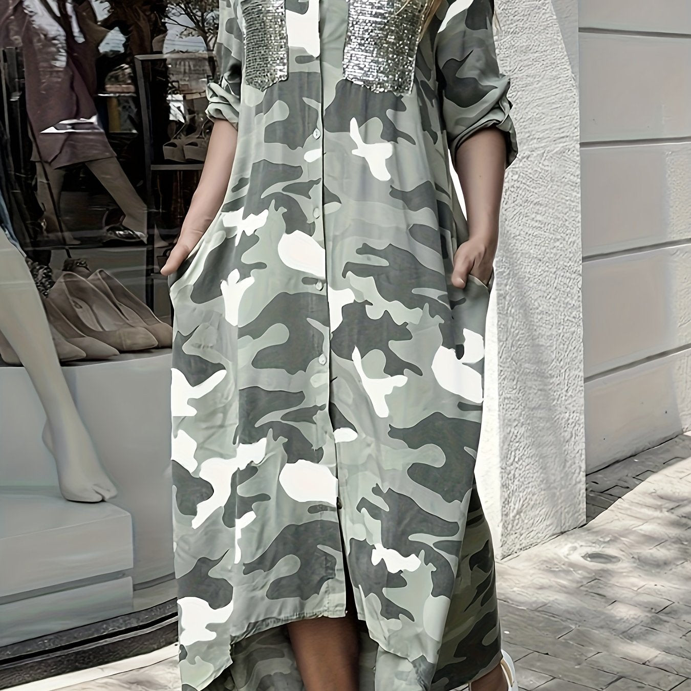 gbolsos Camo Print Shirt Dress, Casual Button Front Long Sleeve Collar Dress, Women's Clothing