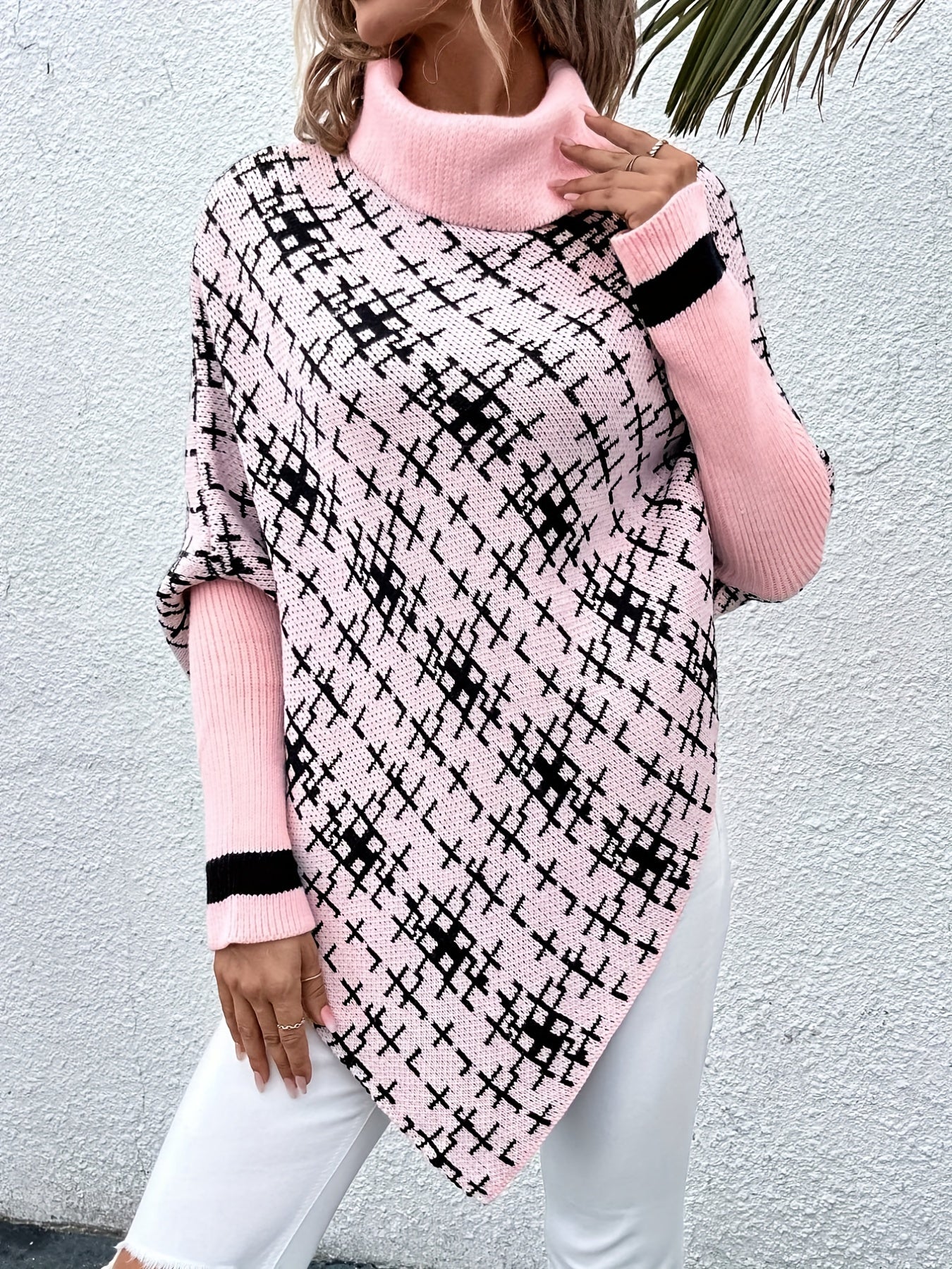 gbolsos Plaid Pattern Turtle Neck Cape Sweater, Casual Batwing Sleeve Asymmetrical Hem Sweater, Women's Clothing
