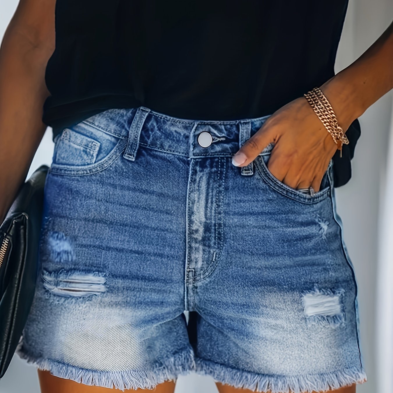 gbolsosBlue Frayed Hem Denim Shorts, Ripped Holes Slash Pockets Short Denim Pants, Women's Denim Jeans & Clothing