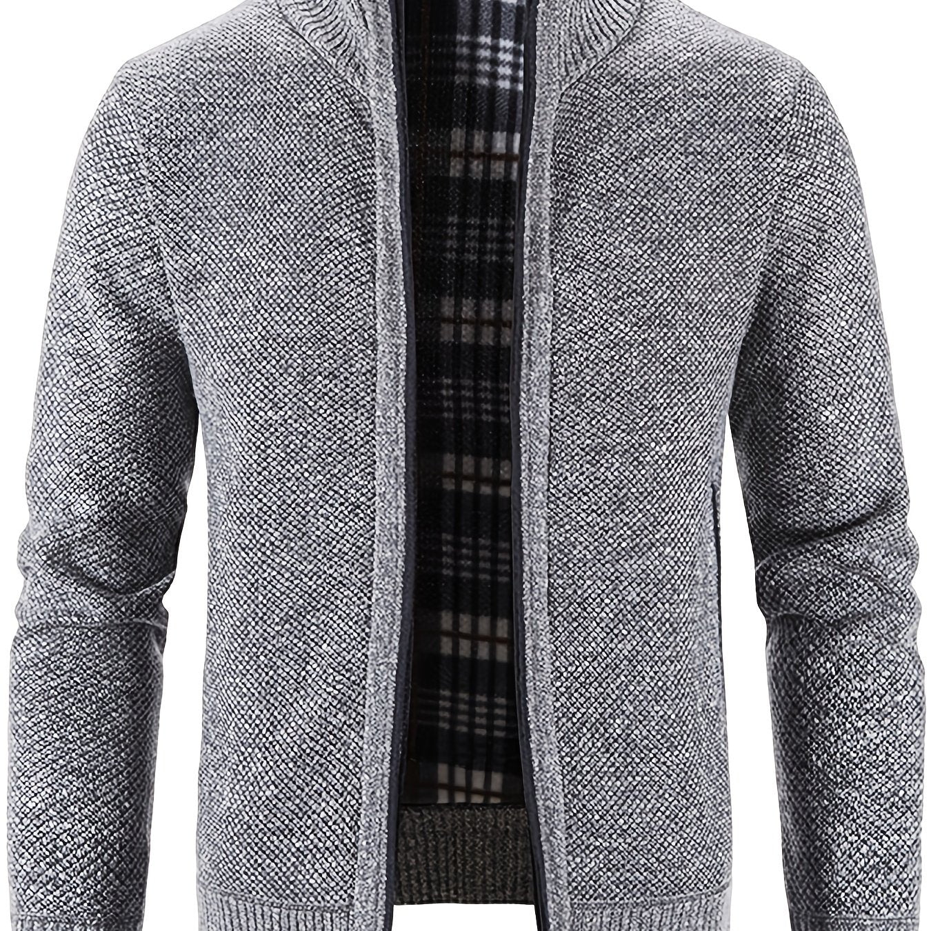 gbolsos Warm Stand Collar Fleece Jacket, Men's Semi-formal Comfortable Solid Color Zip Up Knitted Cardigan For Spring Fall