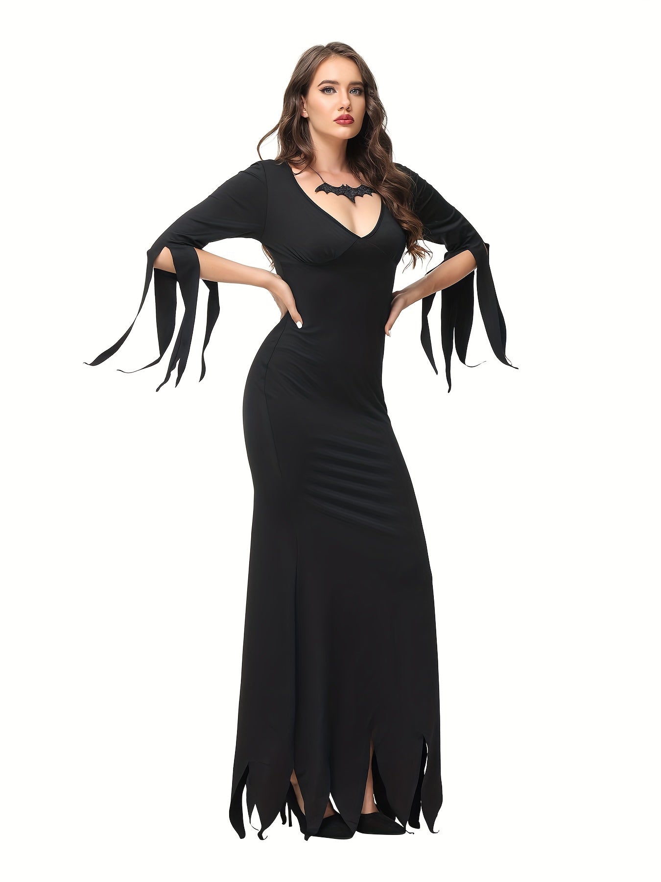 Halloween Style V-neck Split Dress, Elegant Bodycon Slim Maxi Length Dress, Halloween Witch Costume, Women's Clothing