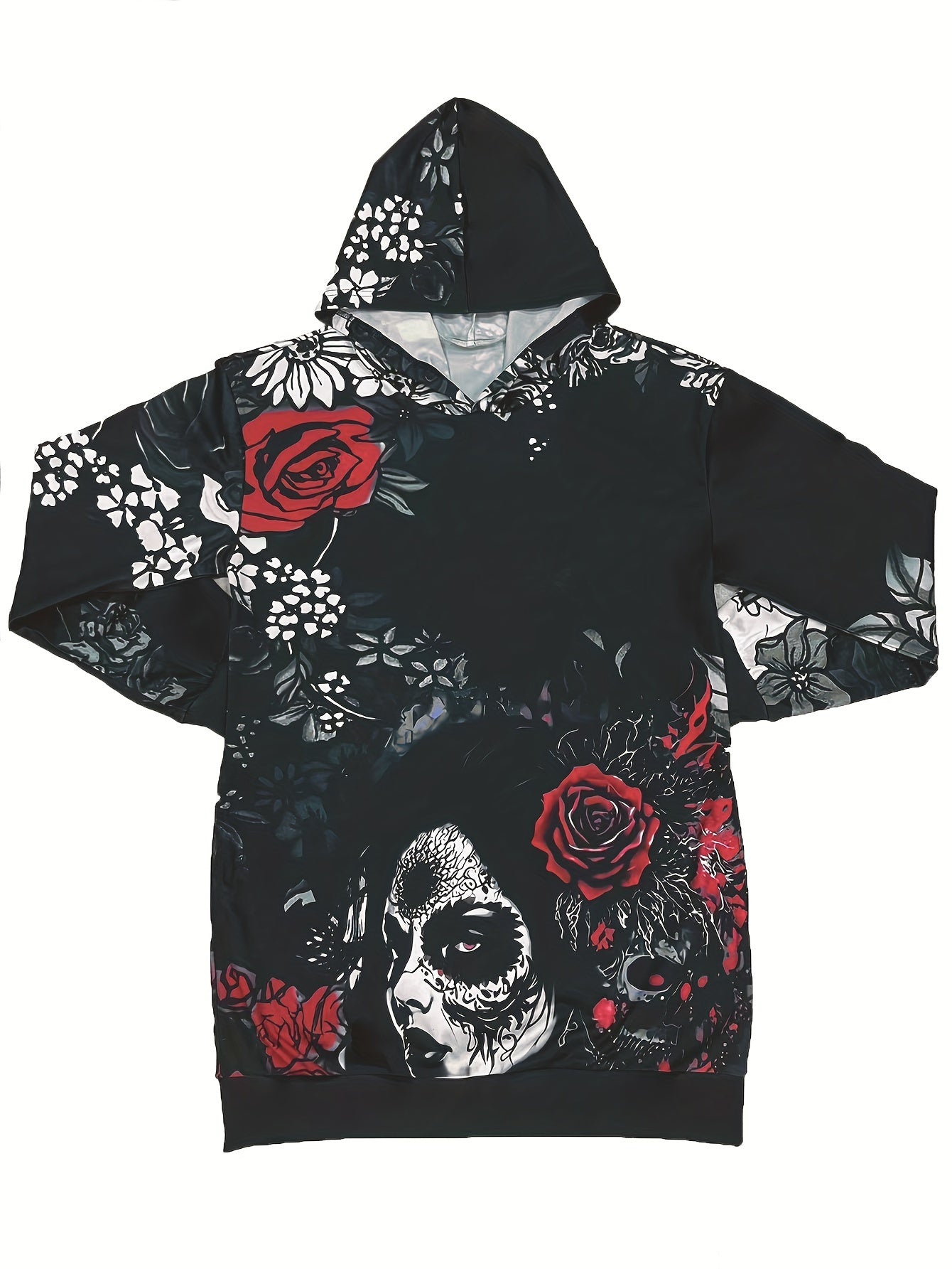 gbolsos Skull & Flower Print Dress, Gothic Hooded Long Sleeve Mini Dress With Pockets, Women's Clothing