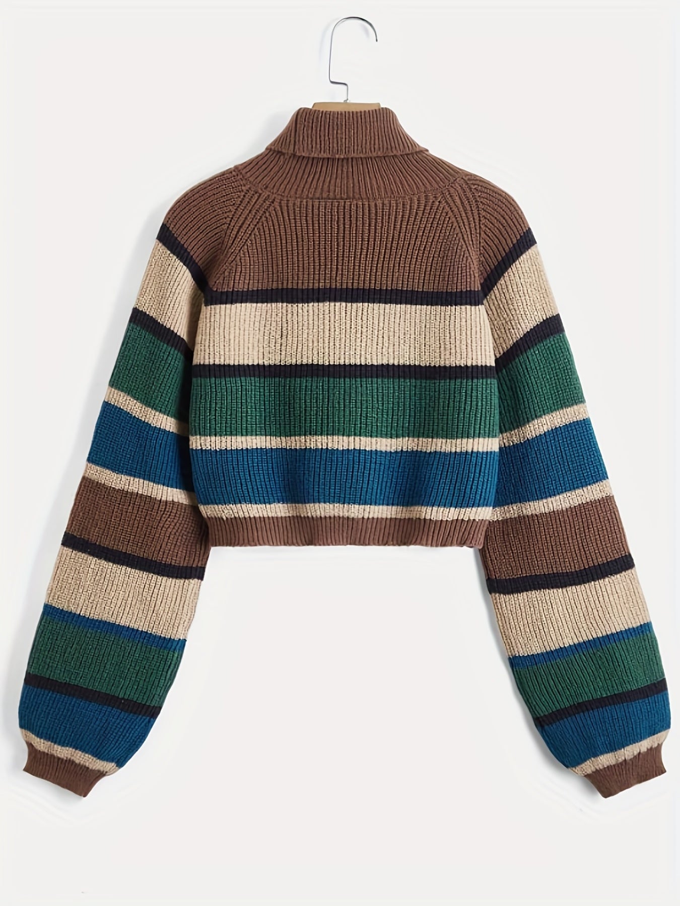 gbolsos Bear Pattern Striped Pullover Sweater, Cute Turtle Neck Long Sleeve Crop Sweater, Women's Clothing
