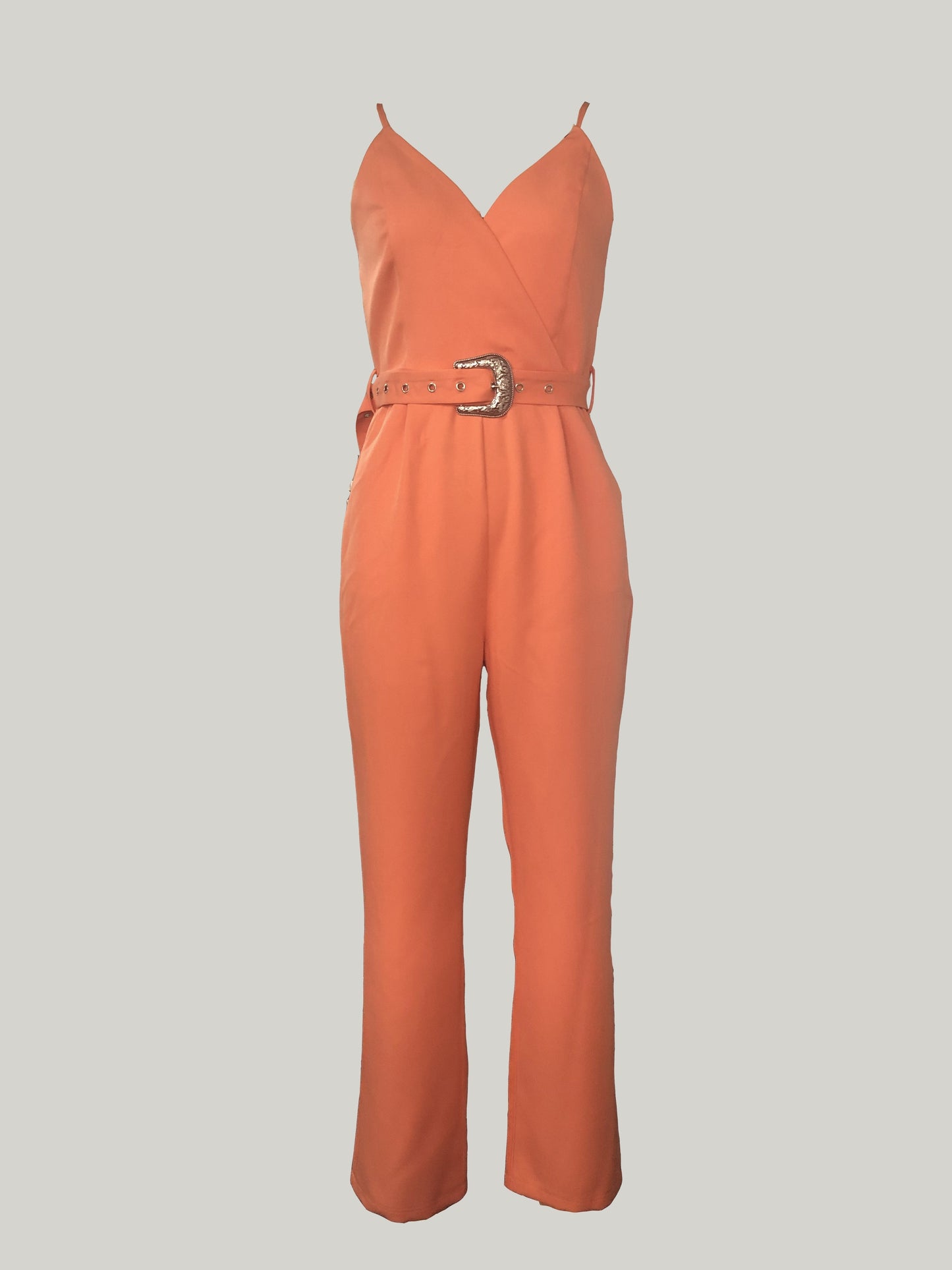gbolsos Solid V-neck Belted Cami Jumpsuit, Elegant Sleeveless Jumpsuit For Spring & Summer, Women's Clothing