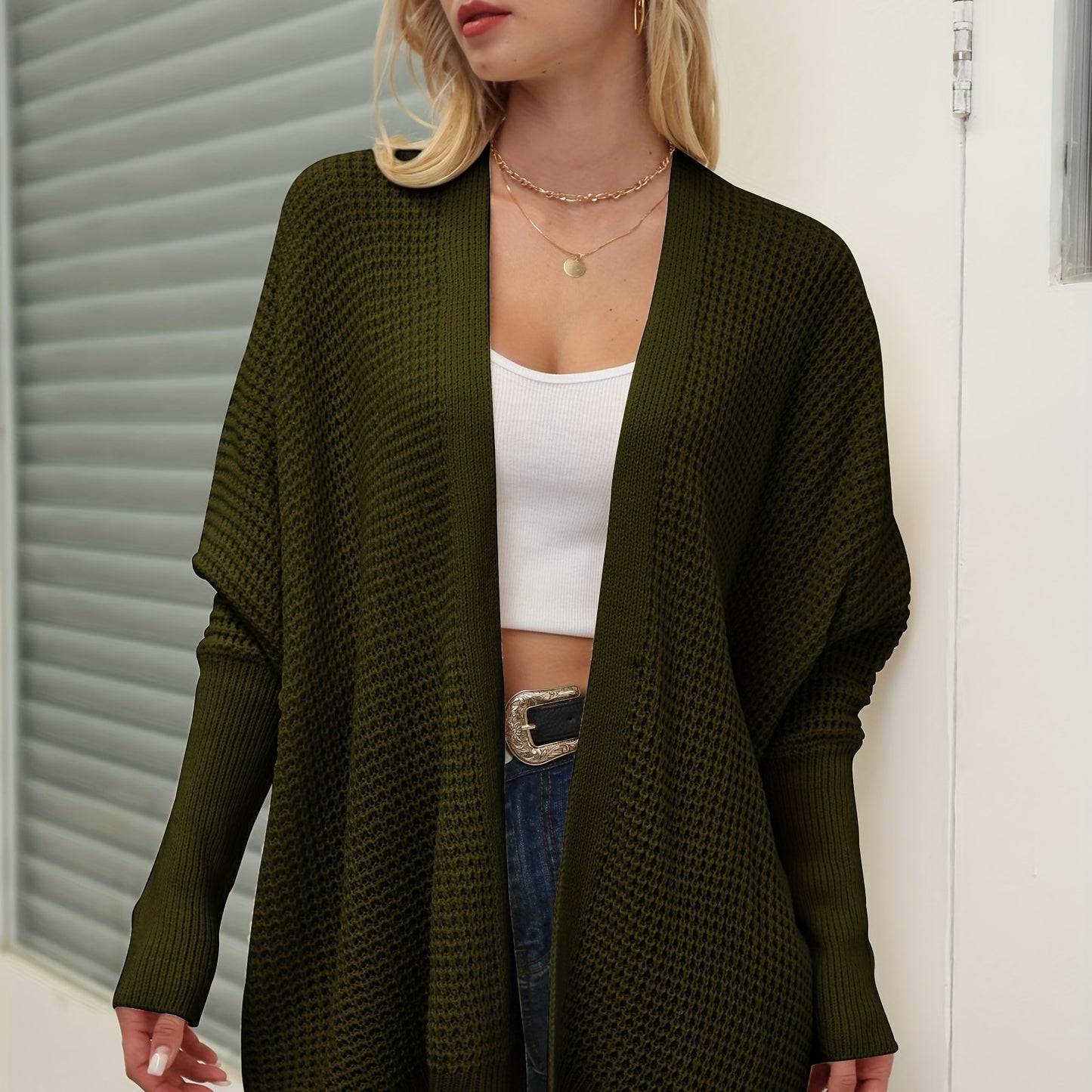 gbolsos Solid Simple Knit Cardigan, Casual Long Sleeve Open Front Sweater, Women's Clothing