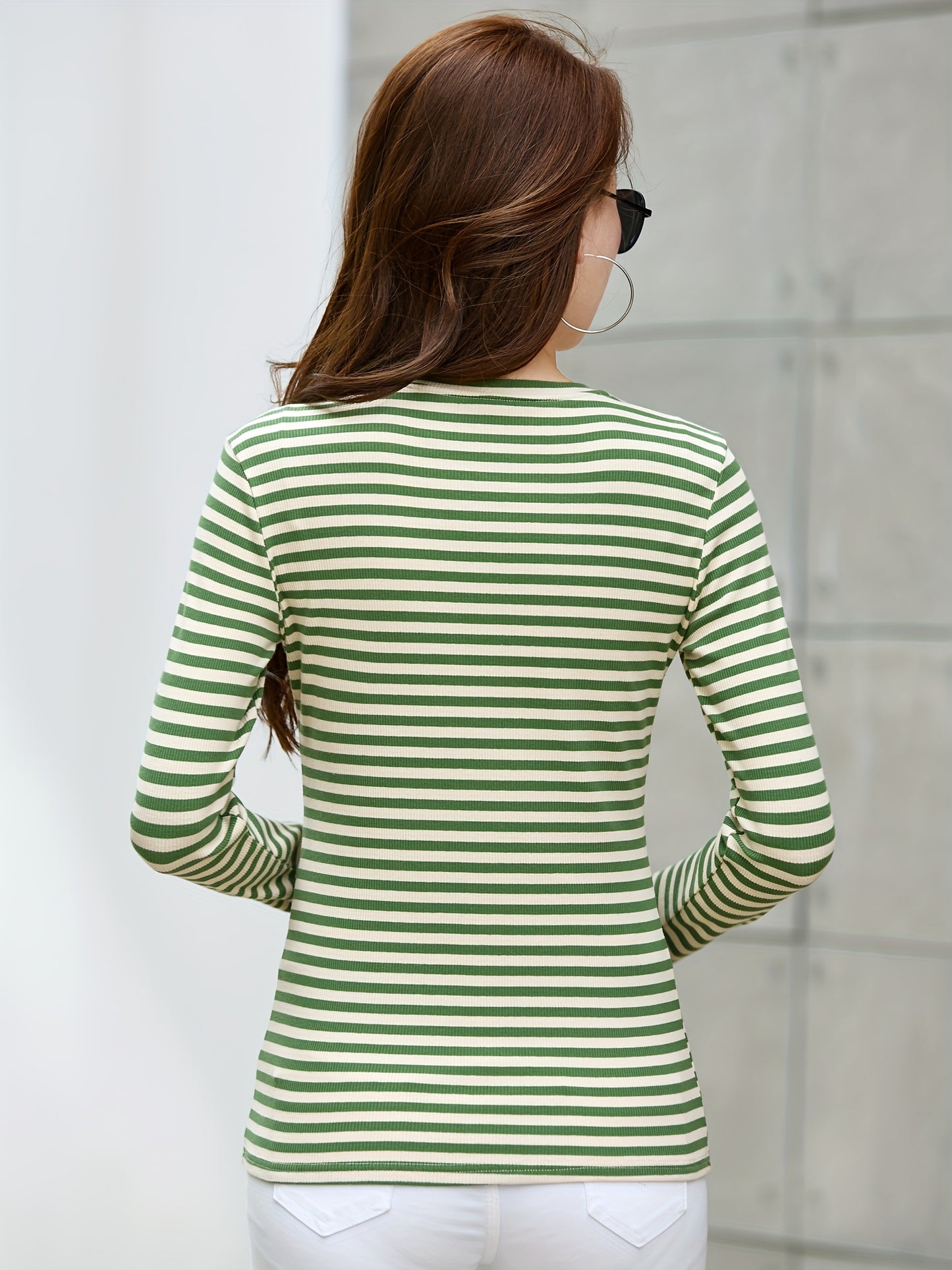 gbolsos Striped Print Crew Neck T-Shirt, Casual Long Sleeve T-Shirt For Spring & Fall, Women's Clothing