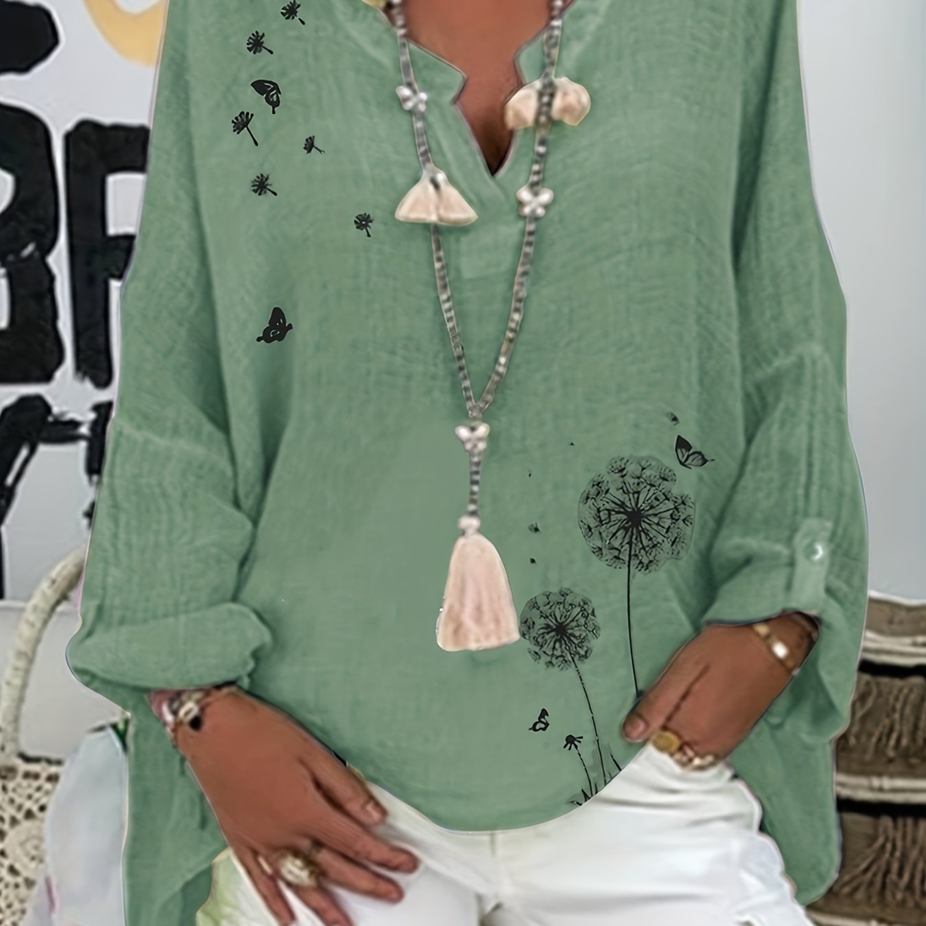 Plus Size Casual Blouse, Women's Plus Graphic Print Long Sleeve Notched Neck Asymmetrical Hem Blouse