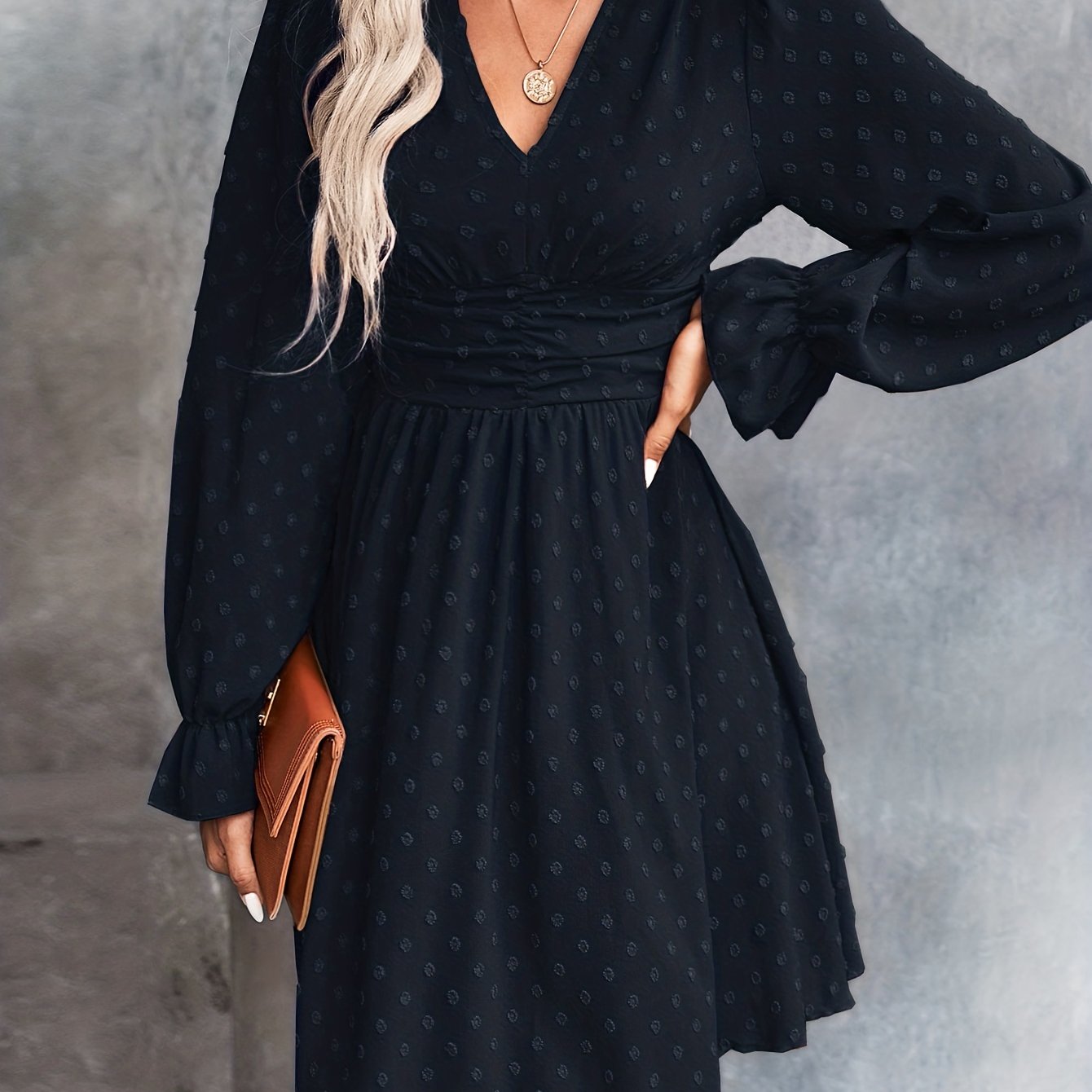 gbolsos Swiss Dot V Neck Dress, Casual Cinched Waist Long Sleeve Dress, Women's Clothing