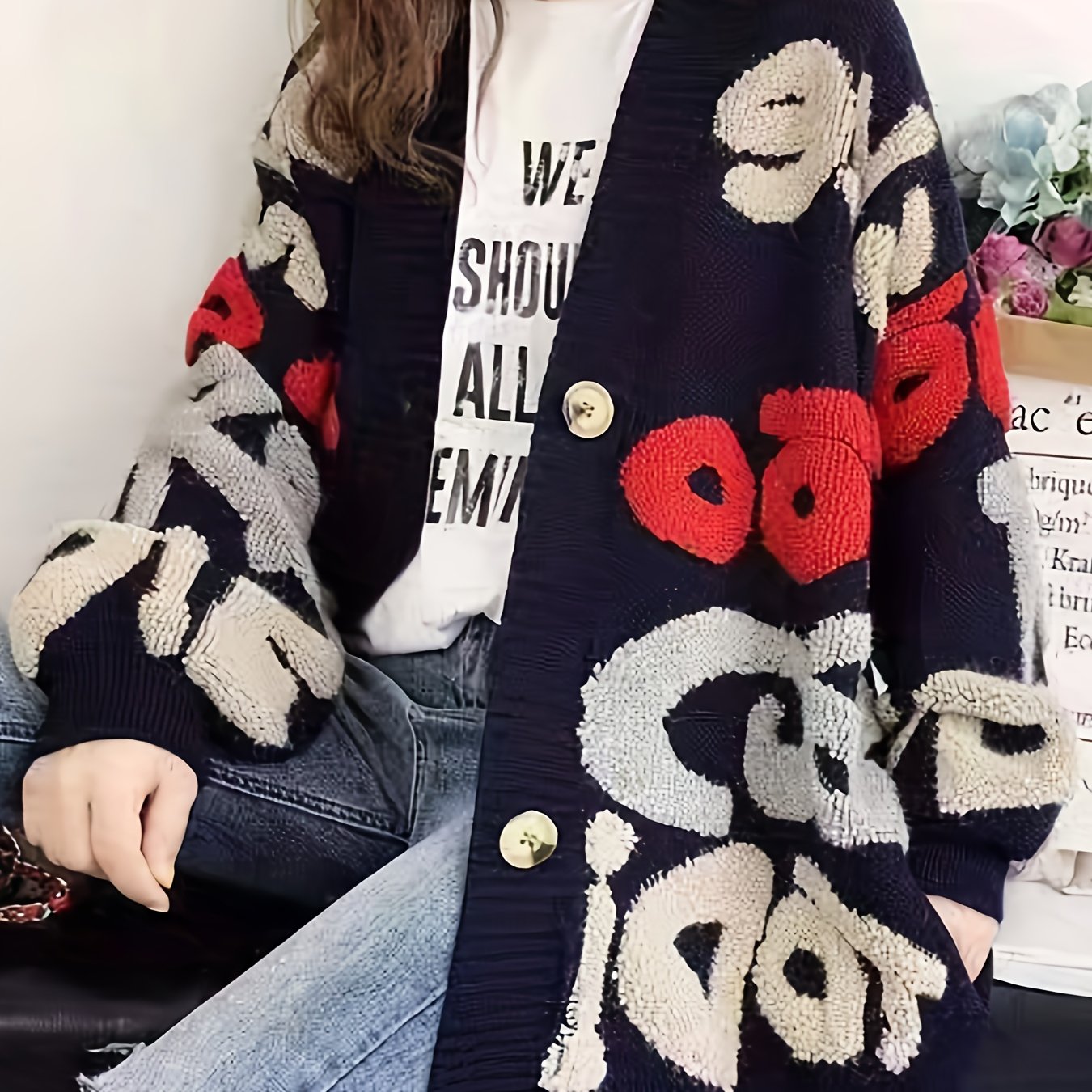 gbolsos Letter Pattern Button Down Knit Cardigan, Casual Long Sleeve Loose Thick Sweater Jacket, Women's Clothing