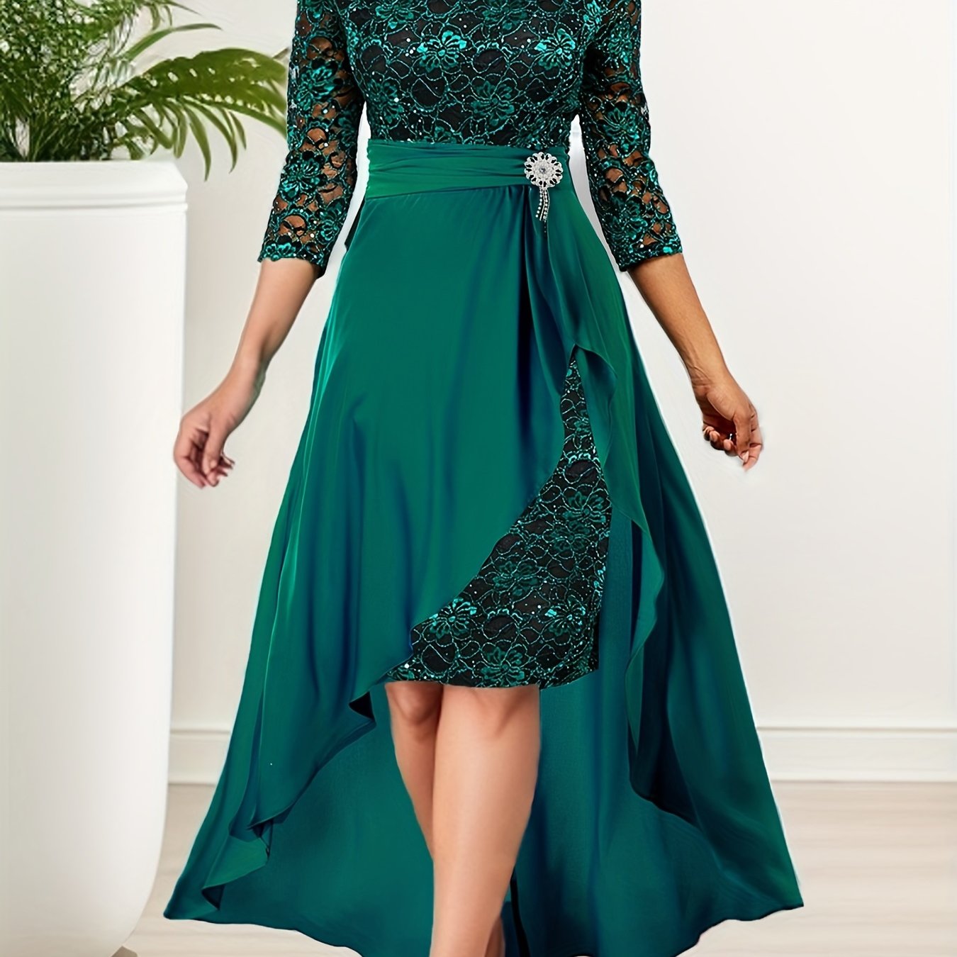 gbolsos Solid Elegant Two-piece Set, Ruffle Trim High Waist Skirts & Contrast Lace Party Dress Outfits, Women's Clothing