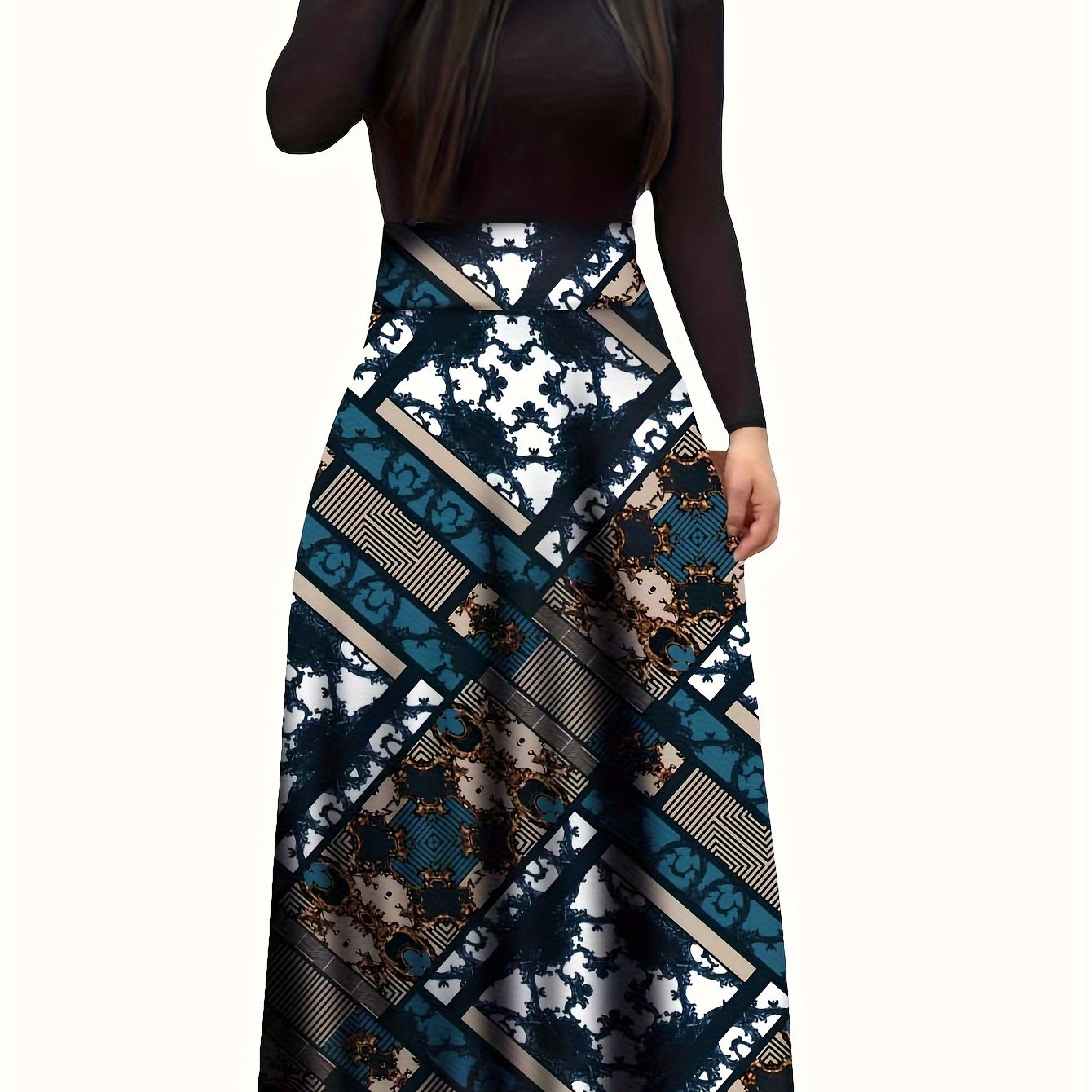 Floral Print Long Sleeve Dress, Elegant Crew Neck Pleated Maxi Dress, Women's Clothing